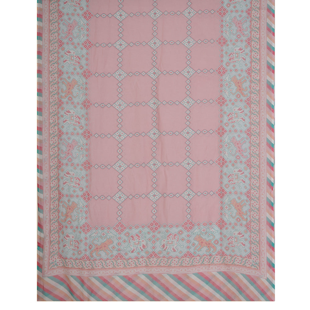 Mint-Light Pink Color Digital Printed Patola Pattern Cotton-Linen Suit with Chanderi Dupatta