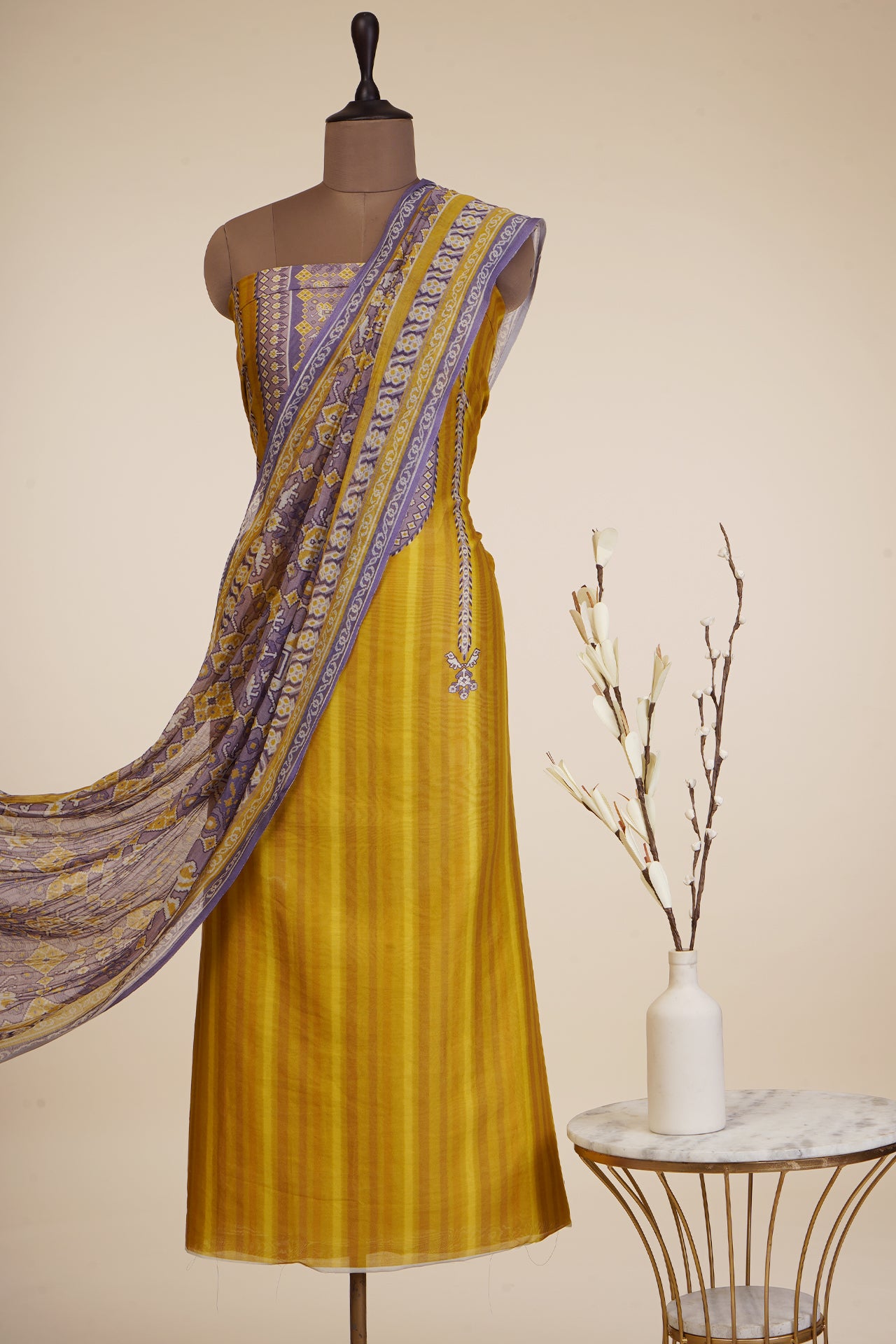 Mustard-Lilac Color Digital Printed Patola Pattern Chanderi Unstitched Suit Set (Top & Dupatta)