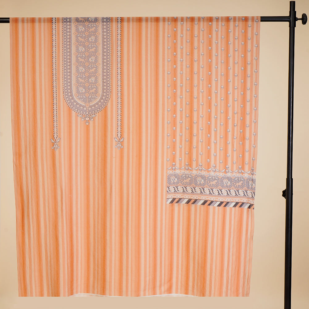 Peach-Grey Color Digital Printed Patola Pattern Chanderi Unstitched Suit Set (Top & Dupatta)