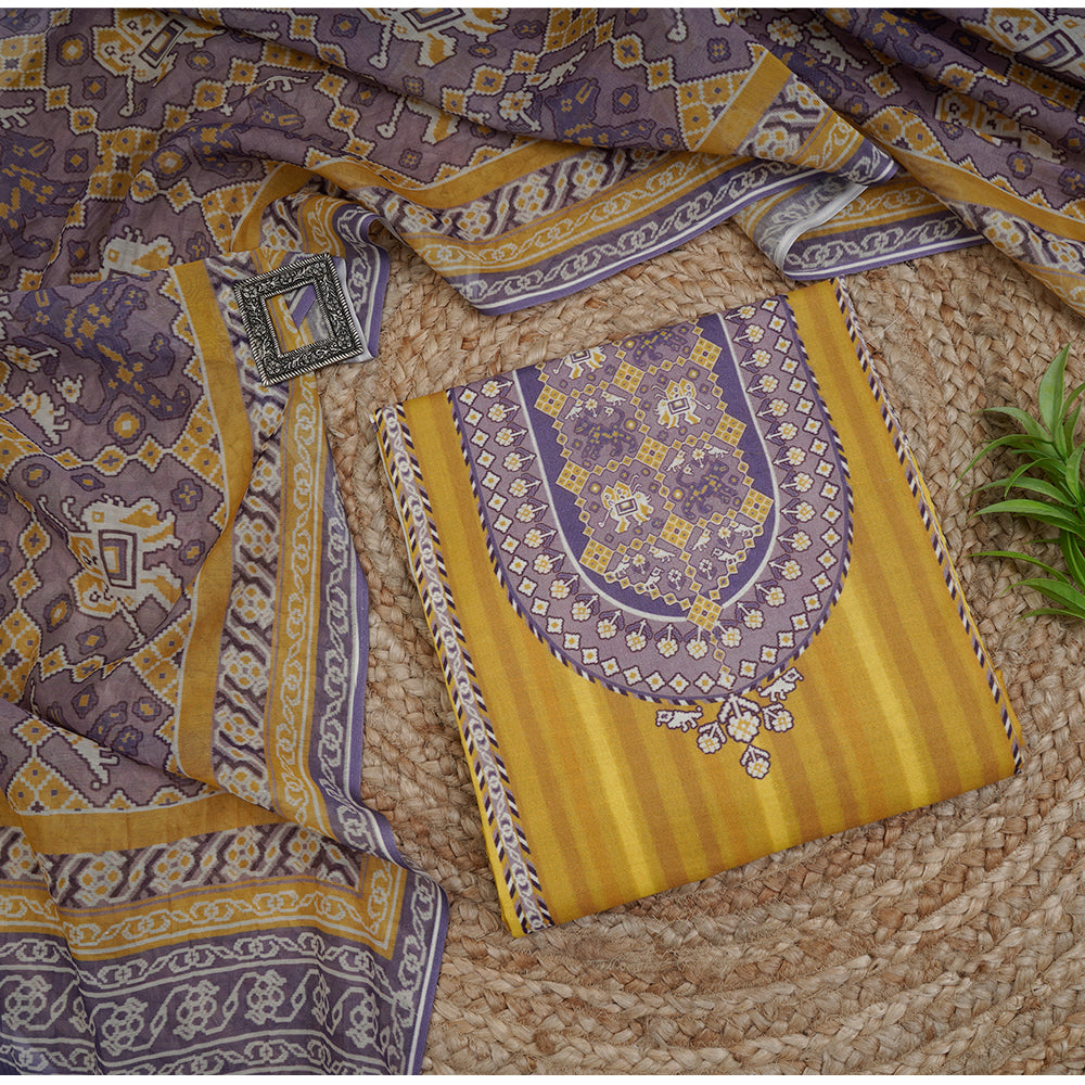 Yellow-Purple Color Digital Printed Patola Pattern Cotton Linen Suit with Chanderi Dupatta