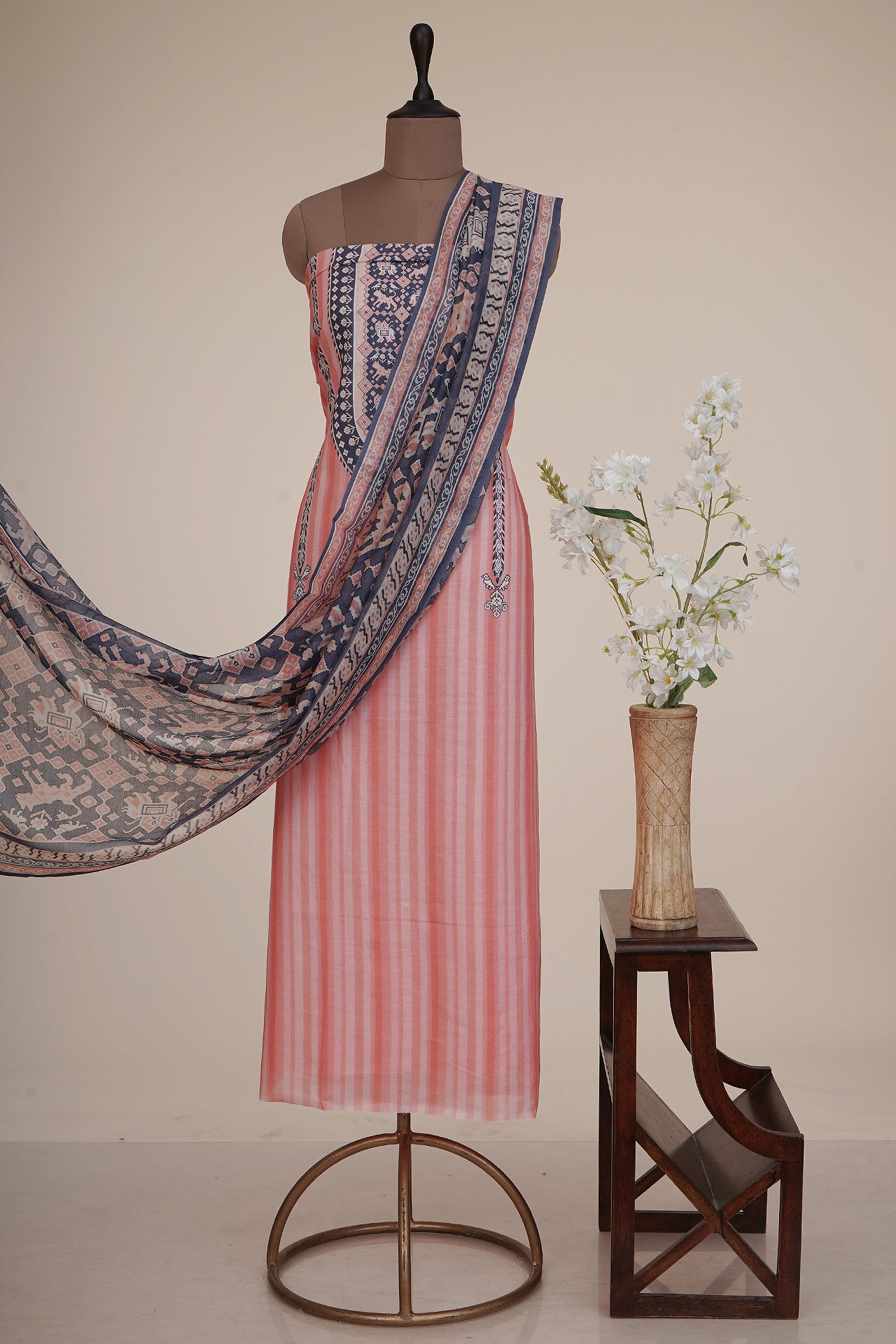 Pink-Blue Color Digital Printed Patola Pattern Cotton Linen Suit with Chanderi Dupatta