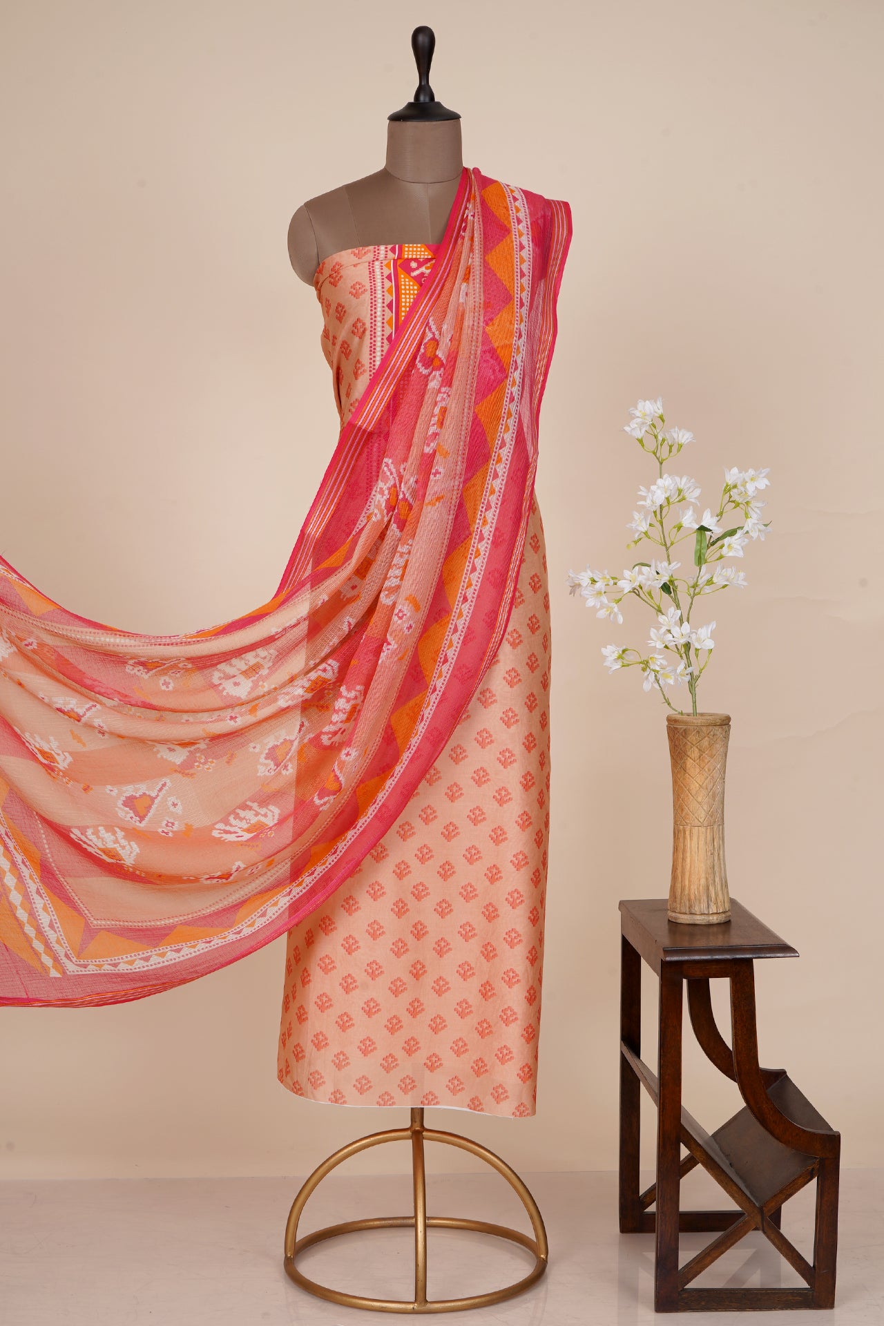 Peach-Pink Color Digital Printed Patola Pattern Pure Chanderi Suit with Kota Dupatta