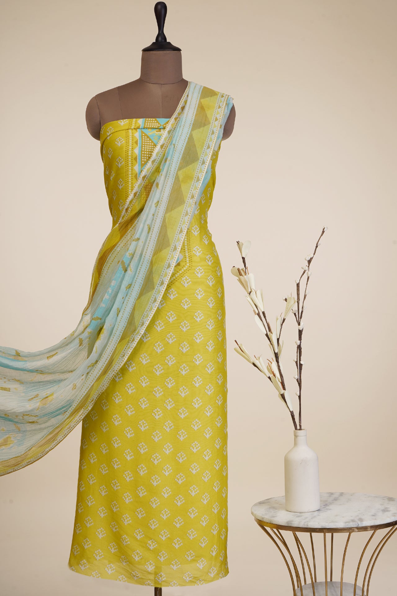 Yellow-Blue Color Digital Printed Patola Pattern Chanderi Unstitched Suit Set (Top & Dupatta)