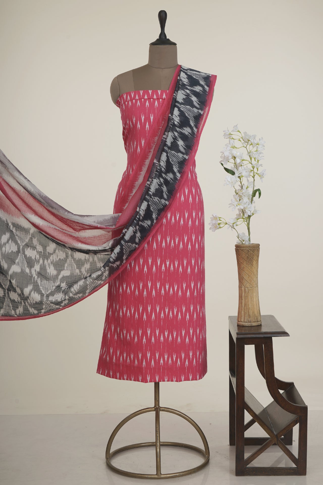 Cerise Pink Color Digital Printed Ikat Pattern Muslin Cotton Suit with Fine Chanderi Dupatta