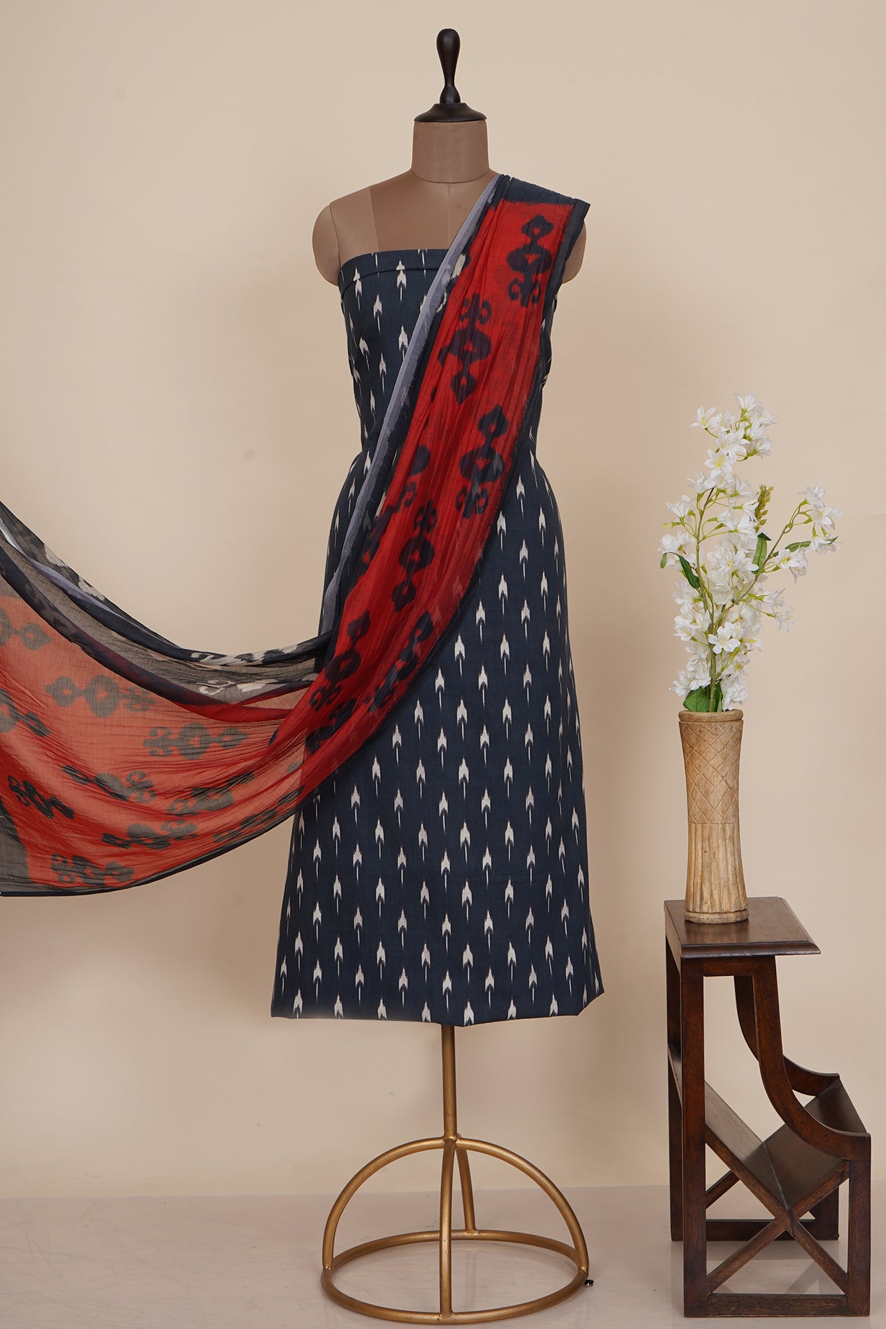Back Color Digital Printed Ikat Pattern Muslin Cotton Suit with Pure Chanderi Dupatta