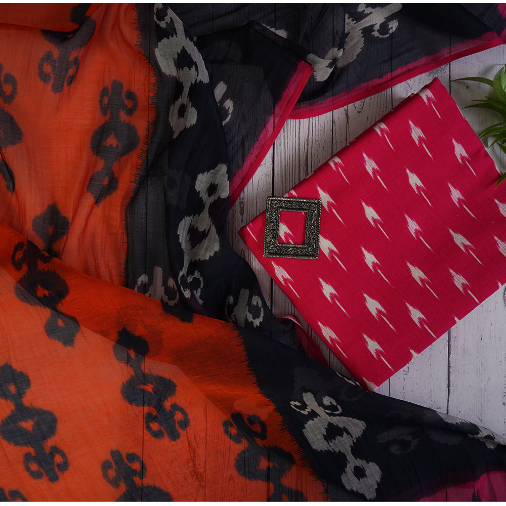 Pink Color Digital Printed Ikat Pattern Muslin Cotton Suit with Fine Chanderi Dupatta
