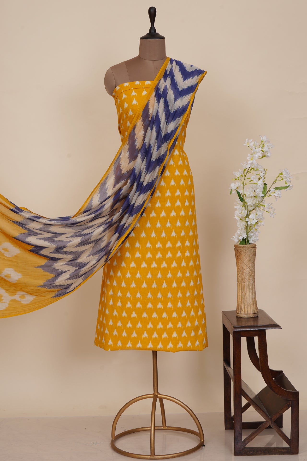 Yellow Color Digital Printed Ikat Pattern Muslin Cotton Suit with Fine Chanderi Dupatta
