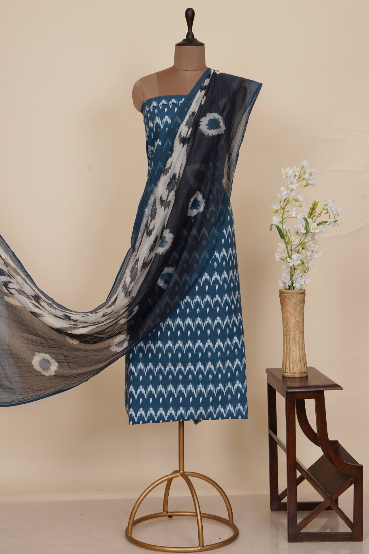 Dark Blue Color Digital Printed Ikat Pattern Muslin Cotton Suit with Fine Chanderi Dupatta