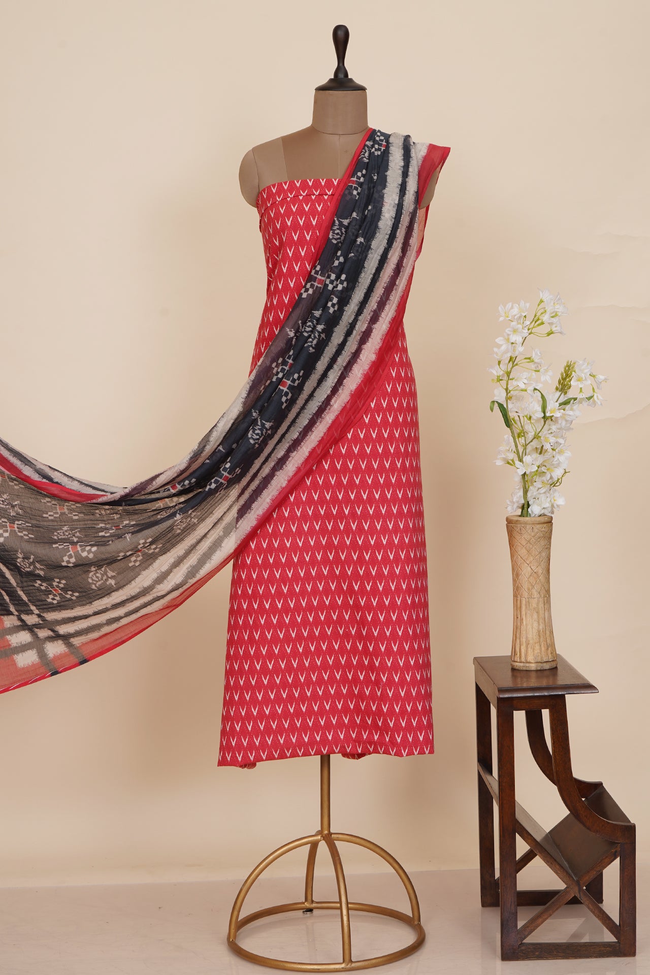 Red Color Digital Printed Ikat Pattern Muslin Cotton Suit with Fine Chanderi Dupatta