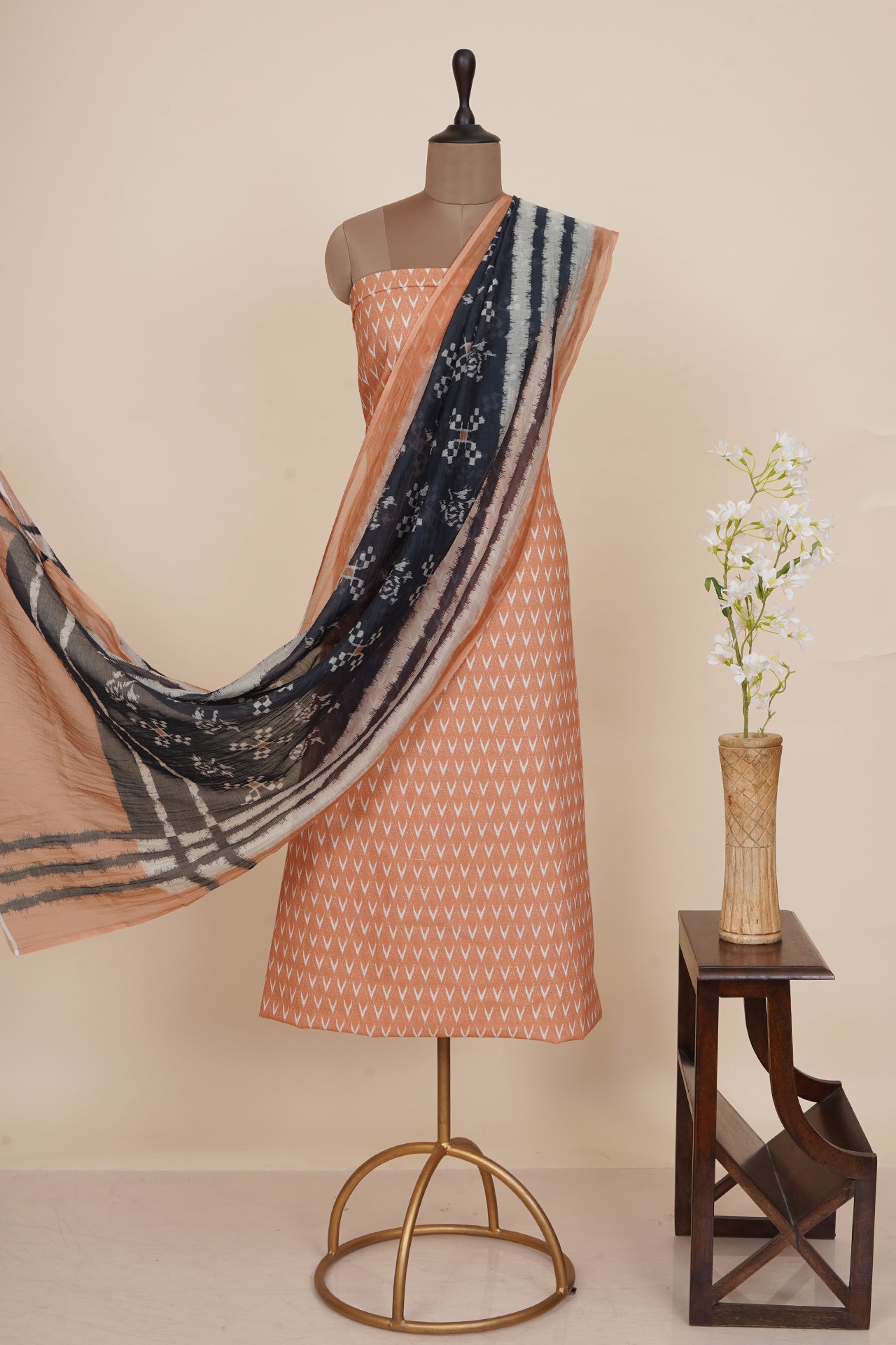 Peach Color Digital Printed Ikat Pattern Muslin Cotton Suit with Fine Chanderi Dupatta