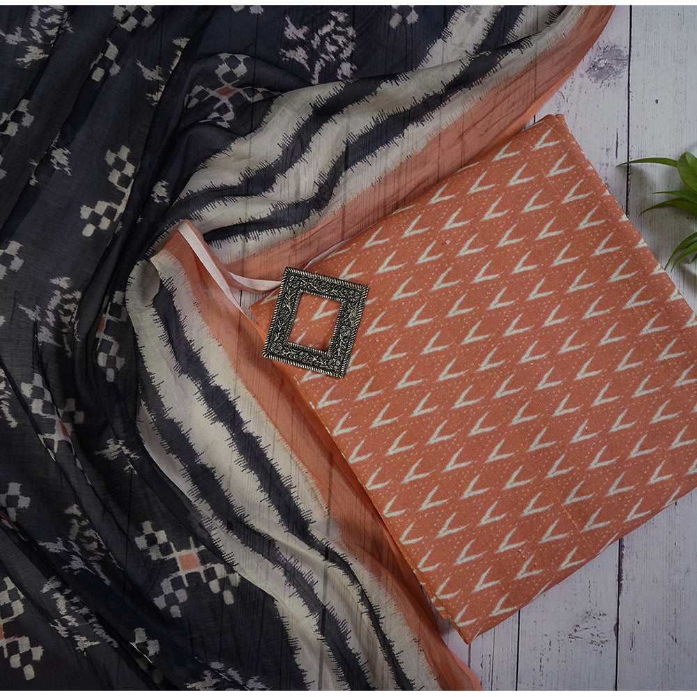 Peach Color Digital Printed Ikat Pattern Muslin Cotton Suit with Fine Chanderi Dupatta