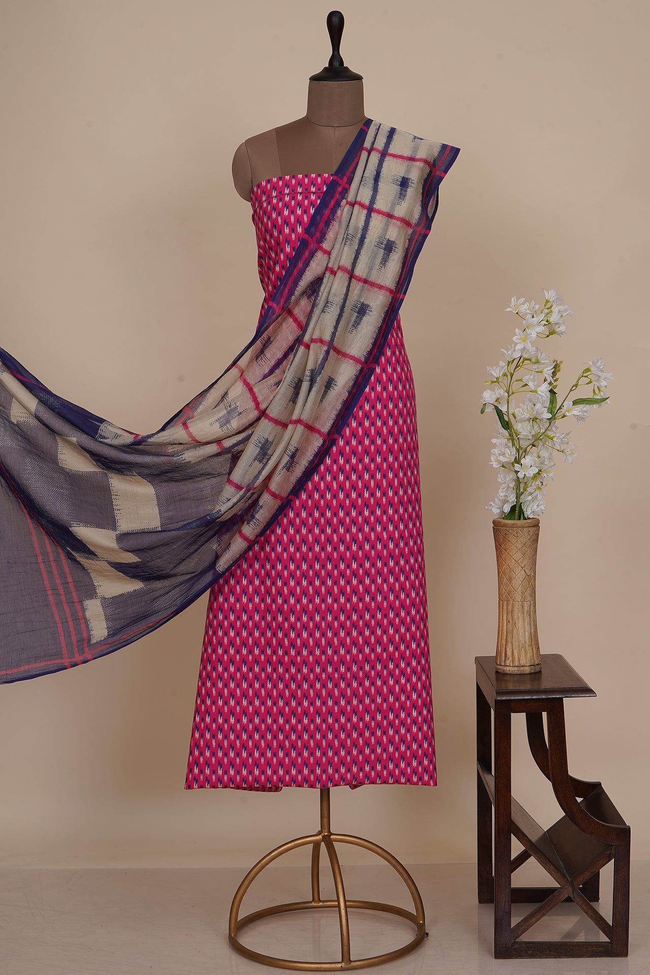 Pink Color Digital Printed Ikat Pattern Muslin Cotton Suit with Fine Chanderi Dupatta