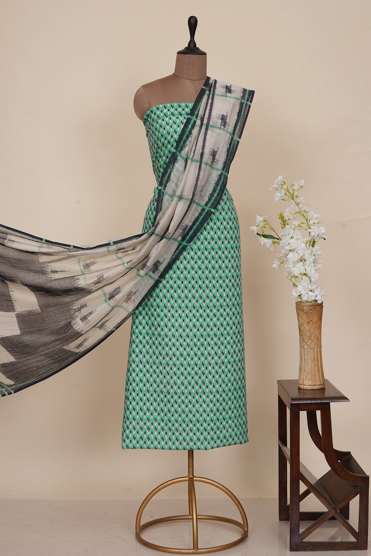 Misty Teal Color Digital Printed Ikat Pattern Muslin Cotton Suit with Fine Chanderi Dupatta