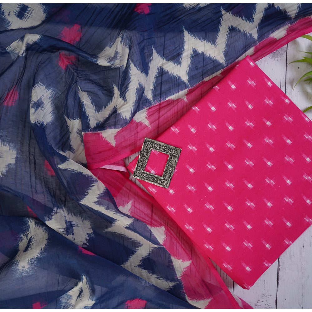 Pink Color Digital Printed Ikat Pattern Muslin Cotton Suit with Fine Chanderi Dupatta