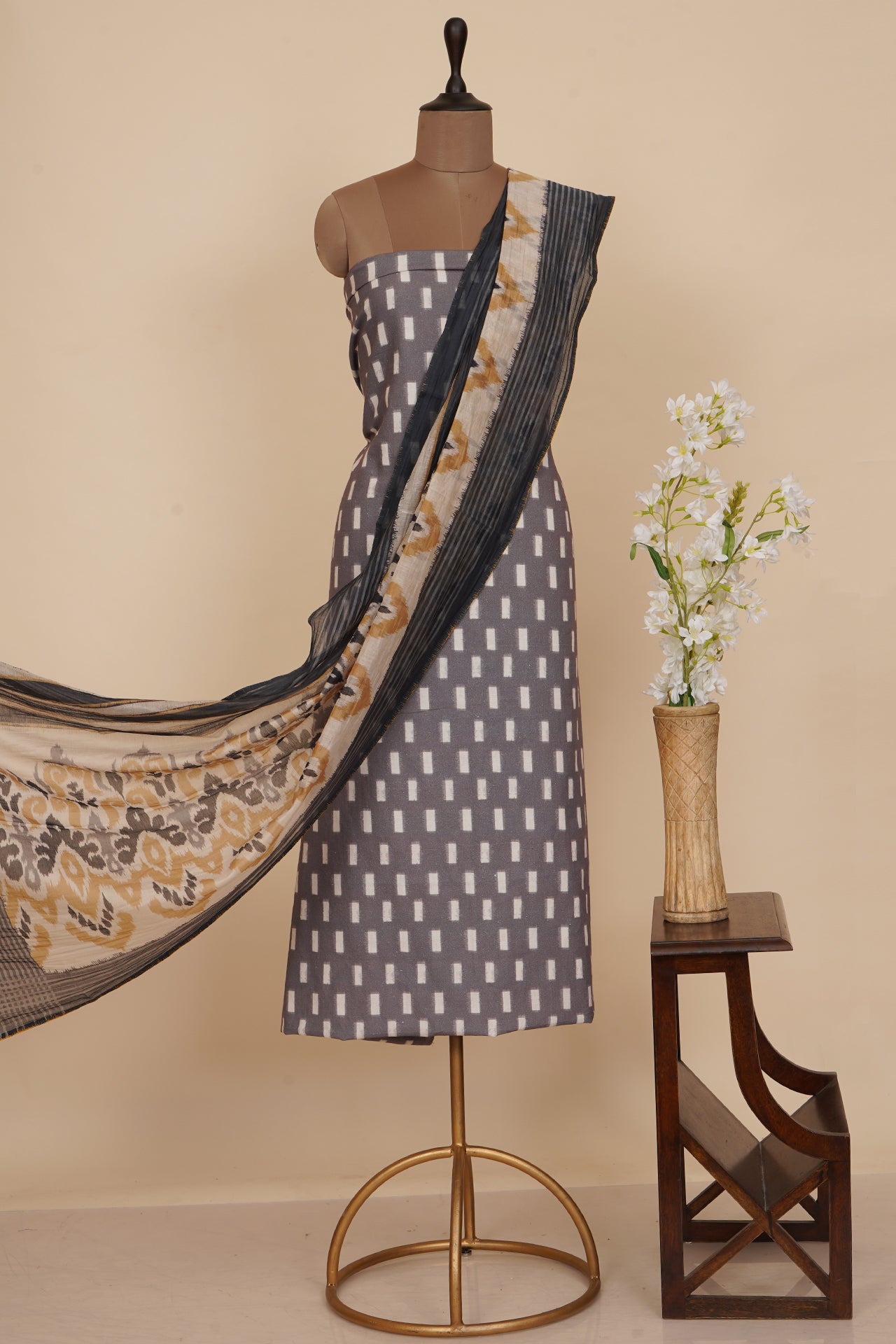 Grey Color Digital Printed Ikat Pattern Muslin Cotton Suit with Fine Chanderi Dupatta