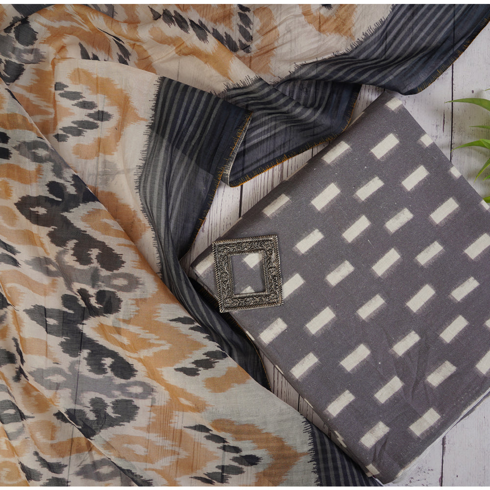 Grey Color Digital Printed Ikat Pattern Muslin Cotton Suit with Fine Chanderi Dupatta