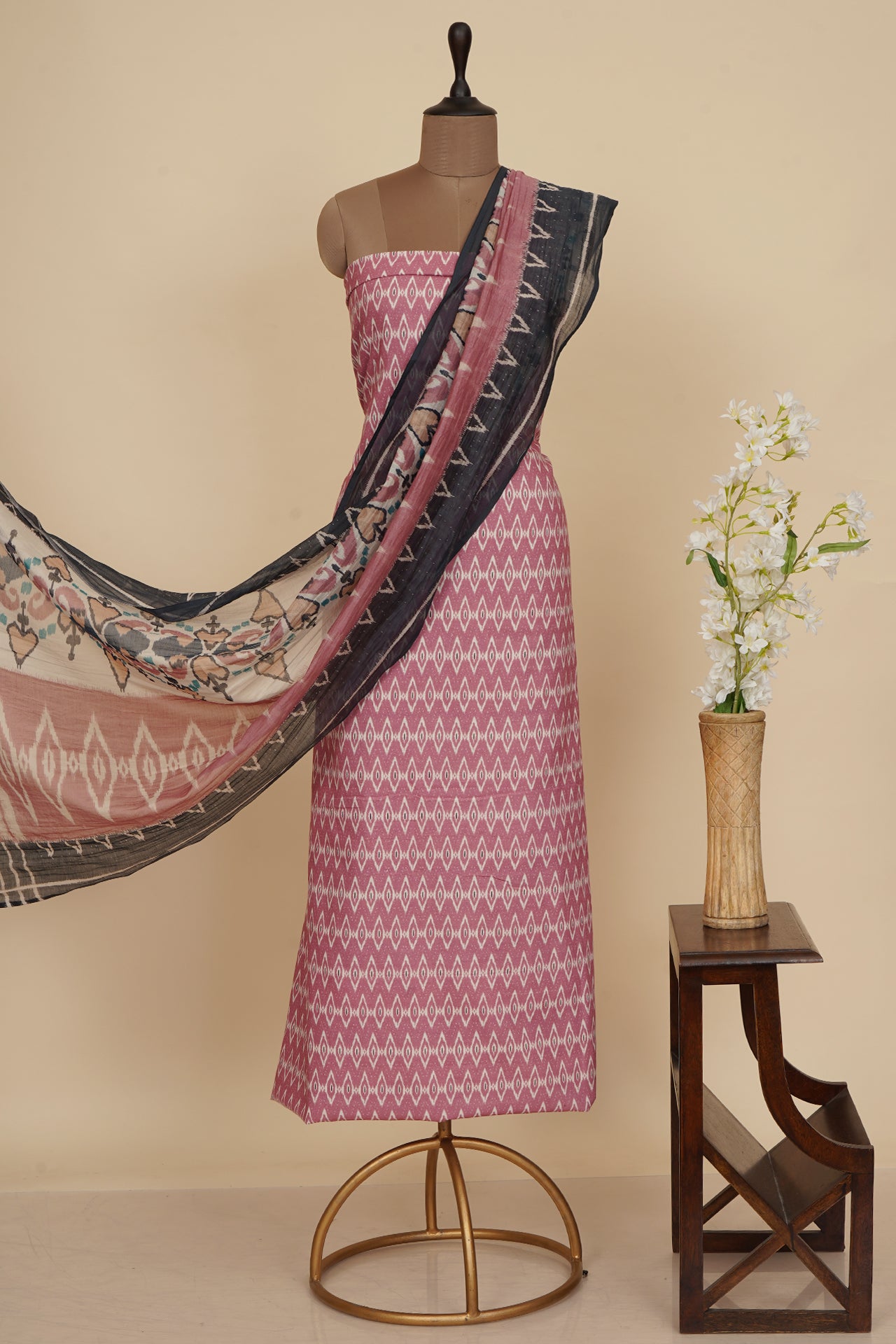 Light Pink Color Digital Printed Ikat Pattern Muslin Cotton Suit with Fine Chanderi Dupatta