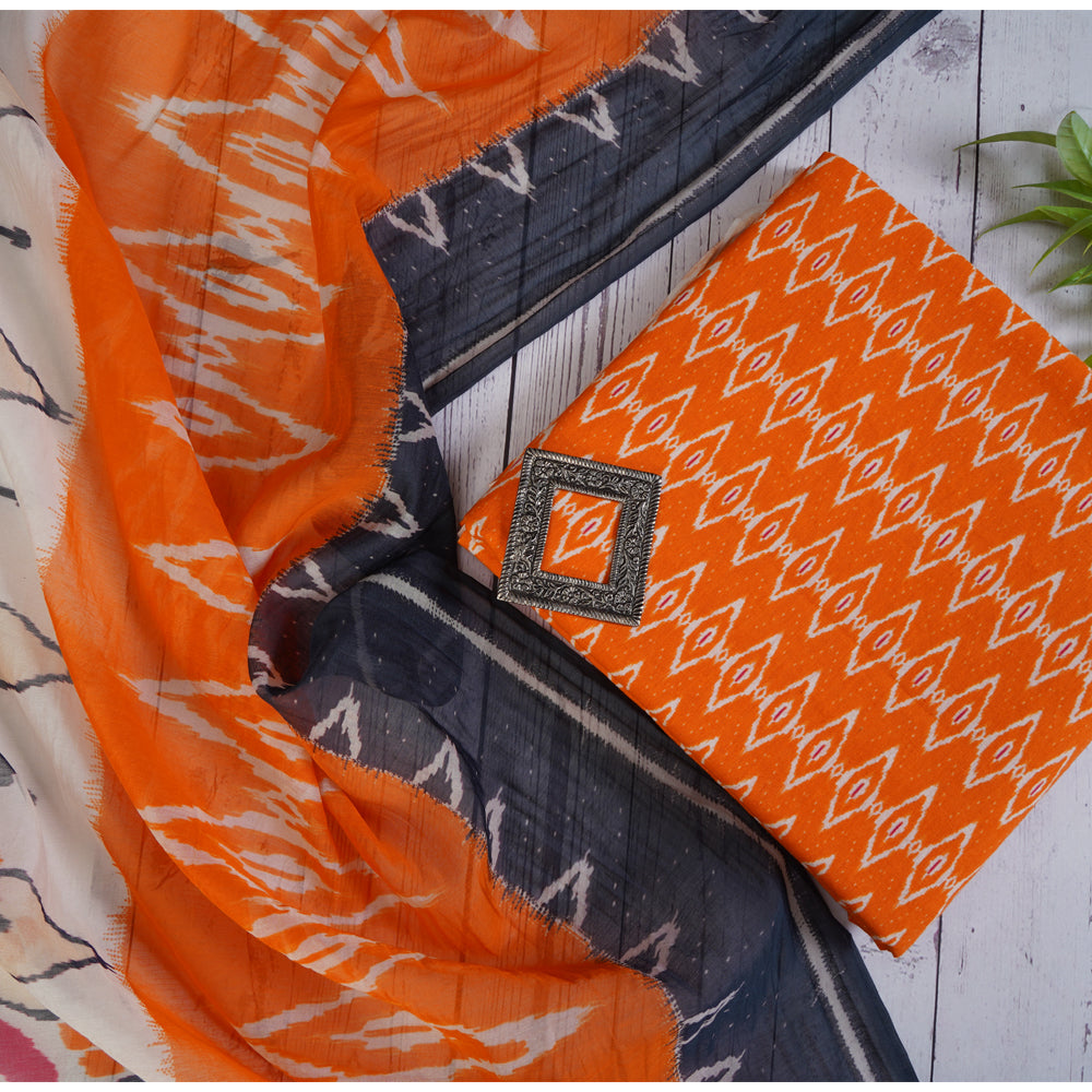 Orange Color Digital Printed Ikat Pattern Muslin Cotton Suit with Fine Chanderi Dupatta