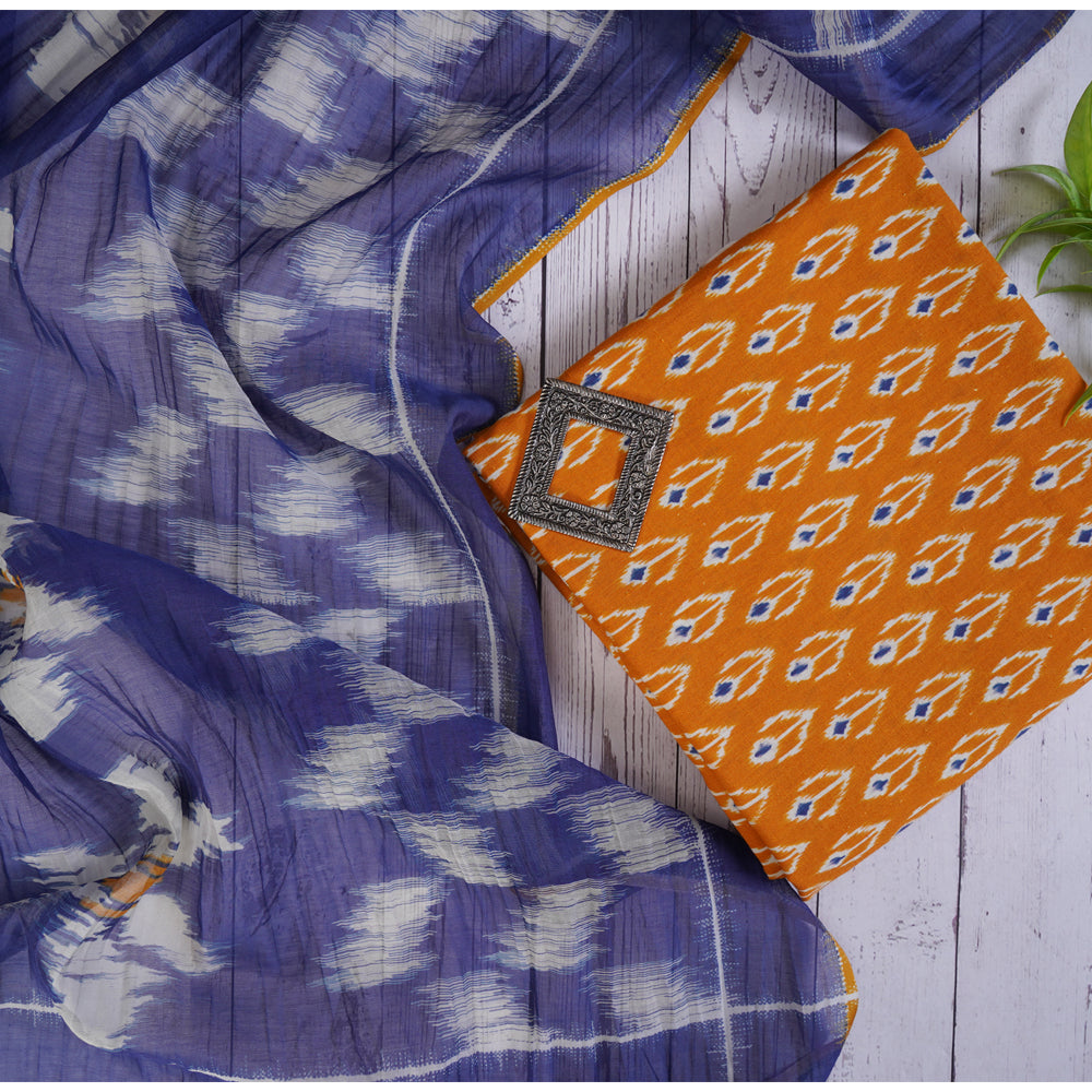 Mustard Color Digital Printed Ikat Pattern Muslin Cotton Suit with Fine Chanderi Dupatta