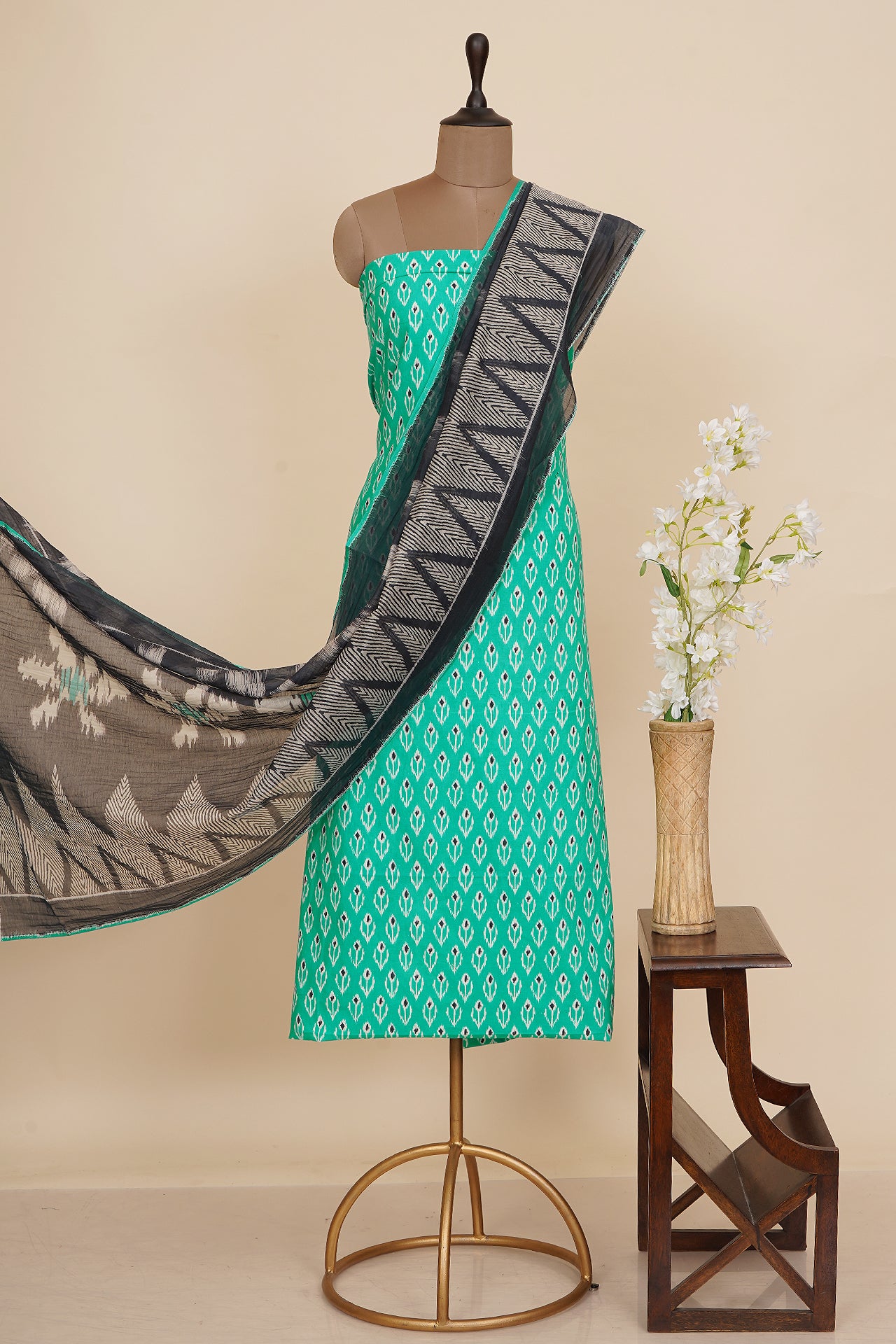Turquoise Color Digital Printed Ikat Pattern Muslin Cotton Suit with Fine Chanderi Dupatta