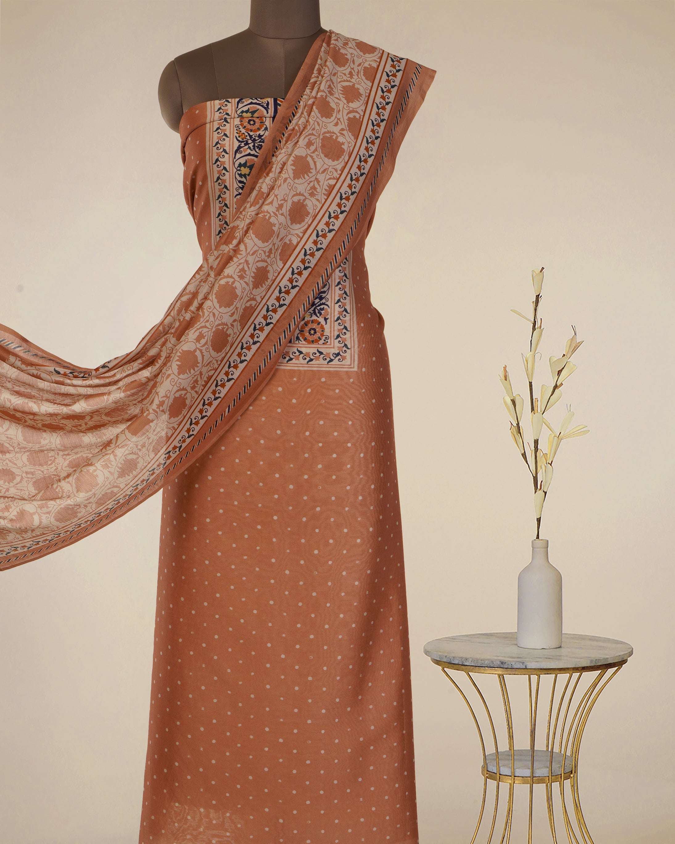 Deep Peach Digital Printed Suzani Pattern Chanderi Unstitched Suit Set (Top & Dupatta)