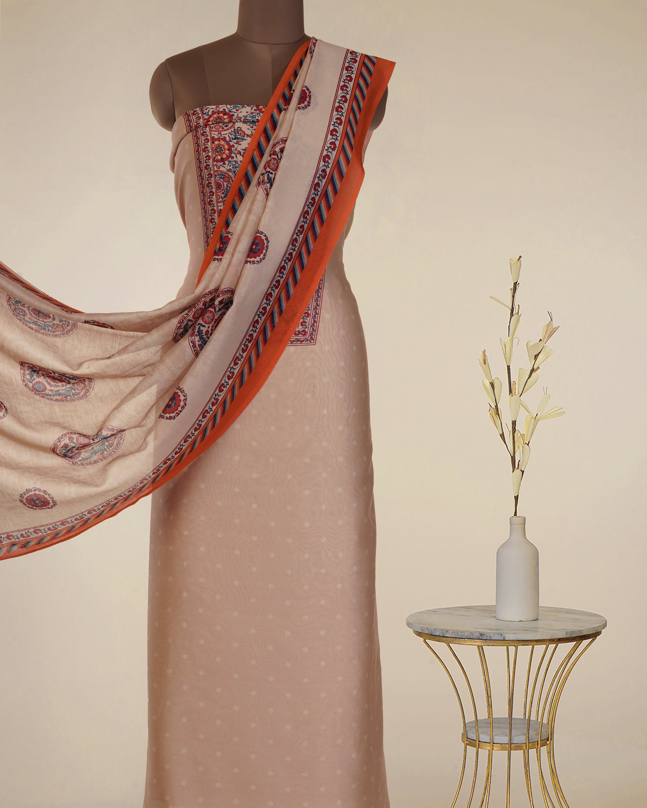 Beige-Orange Digital Printed Suzani Pattern Chanderi Unstitched Suit Set (Top & Dupatta)