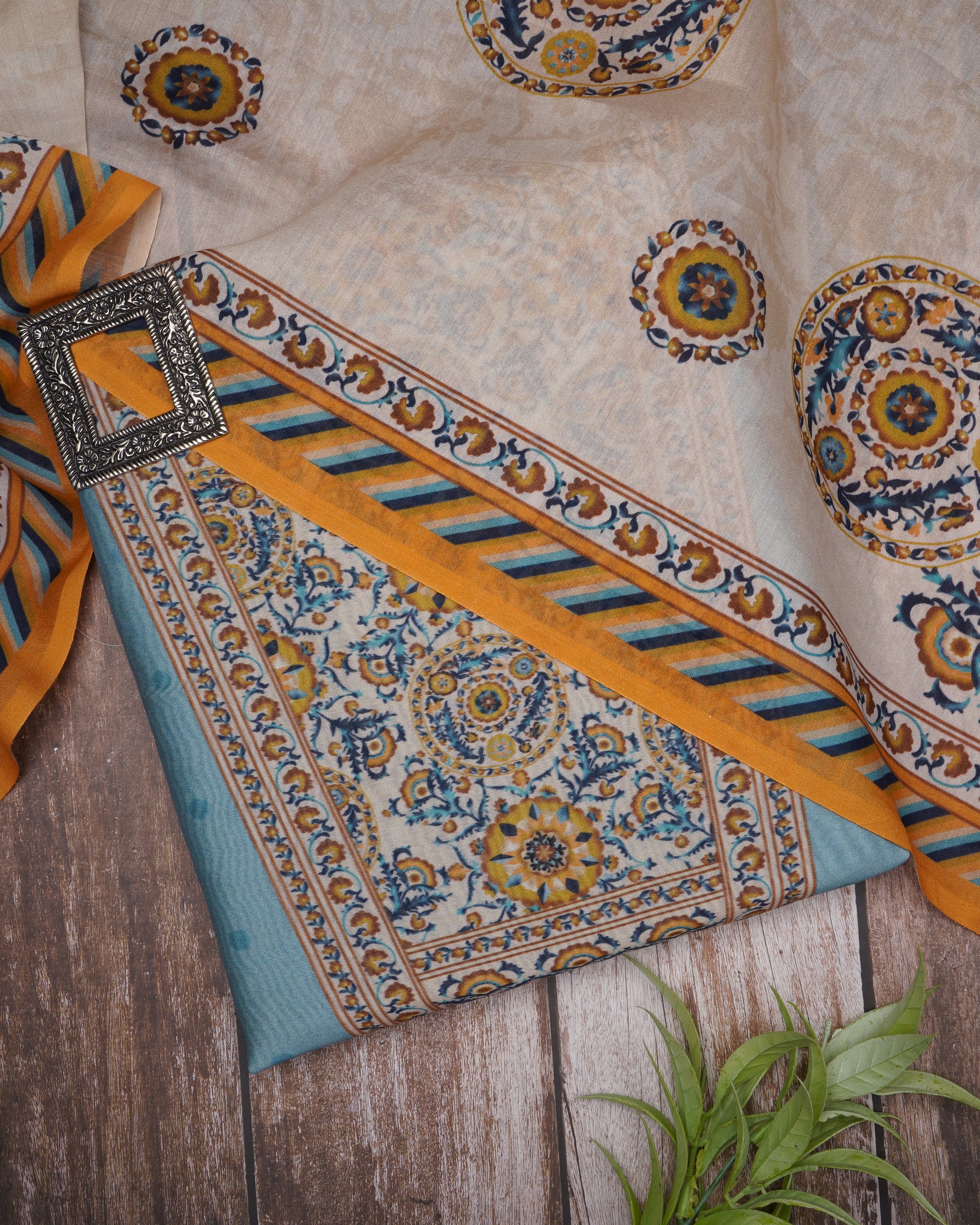 Turquoise Blue-Orange Digital Printed Suzani Pattern Chanderi Unstitched Suit Set (Top & Dupatta)