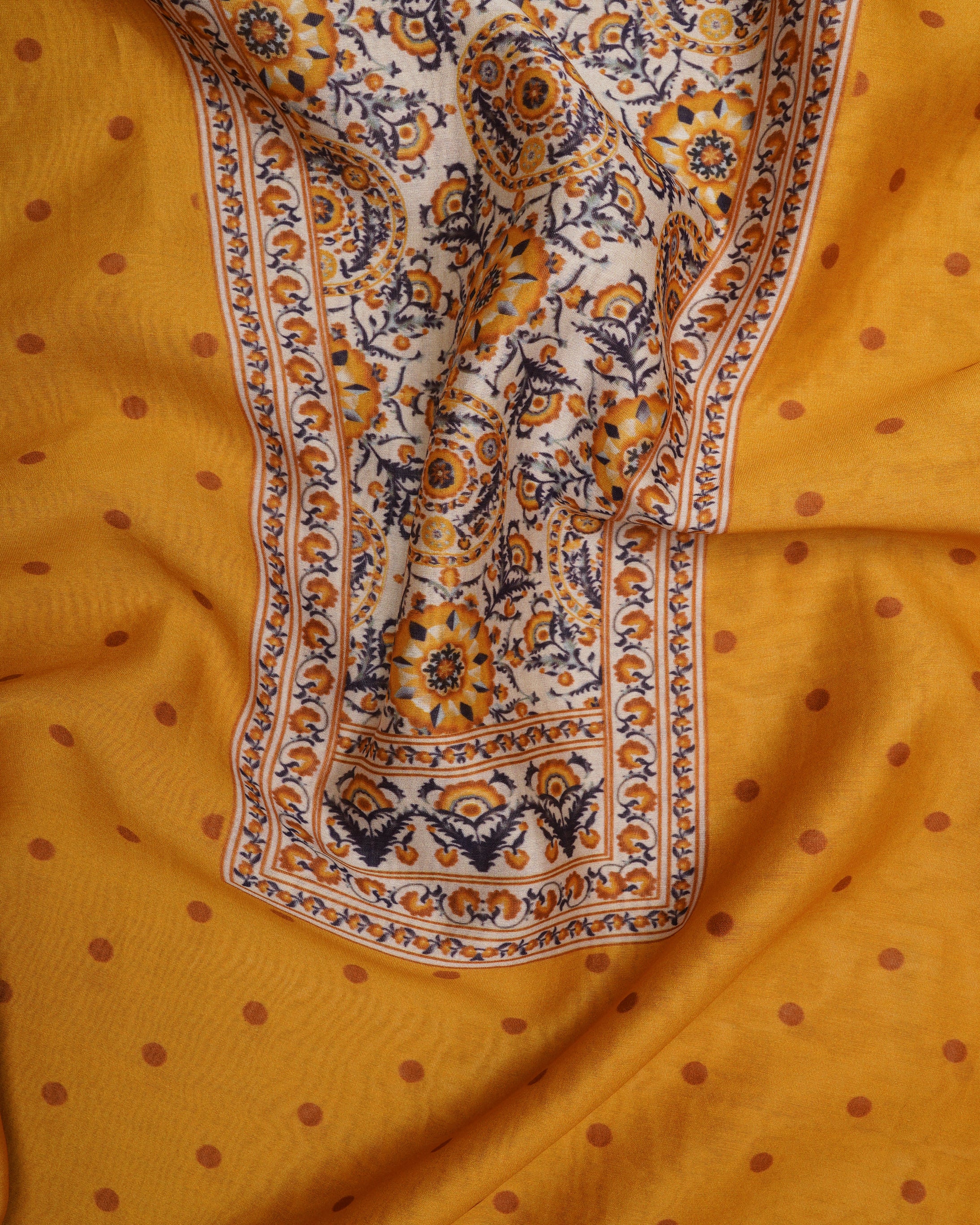 Mustard Digital Printed Suzani Pattern Chanderi Unstitched Suit Set (Top & Dupatta)