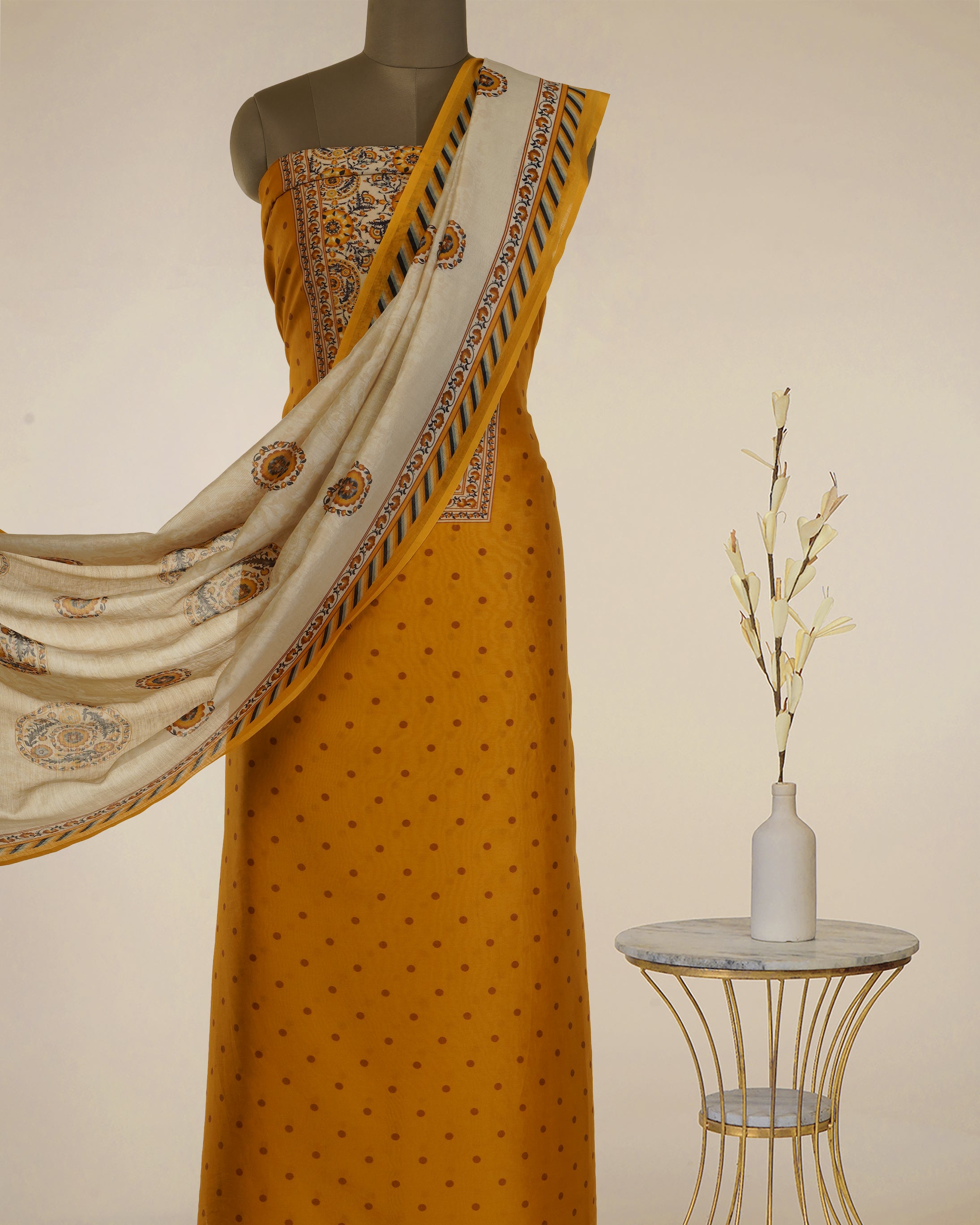 Mustard Digital Printed Suzani Pattern Chanderi Unstitched Suit Set (Top & Dupatta)