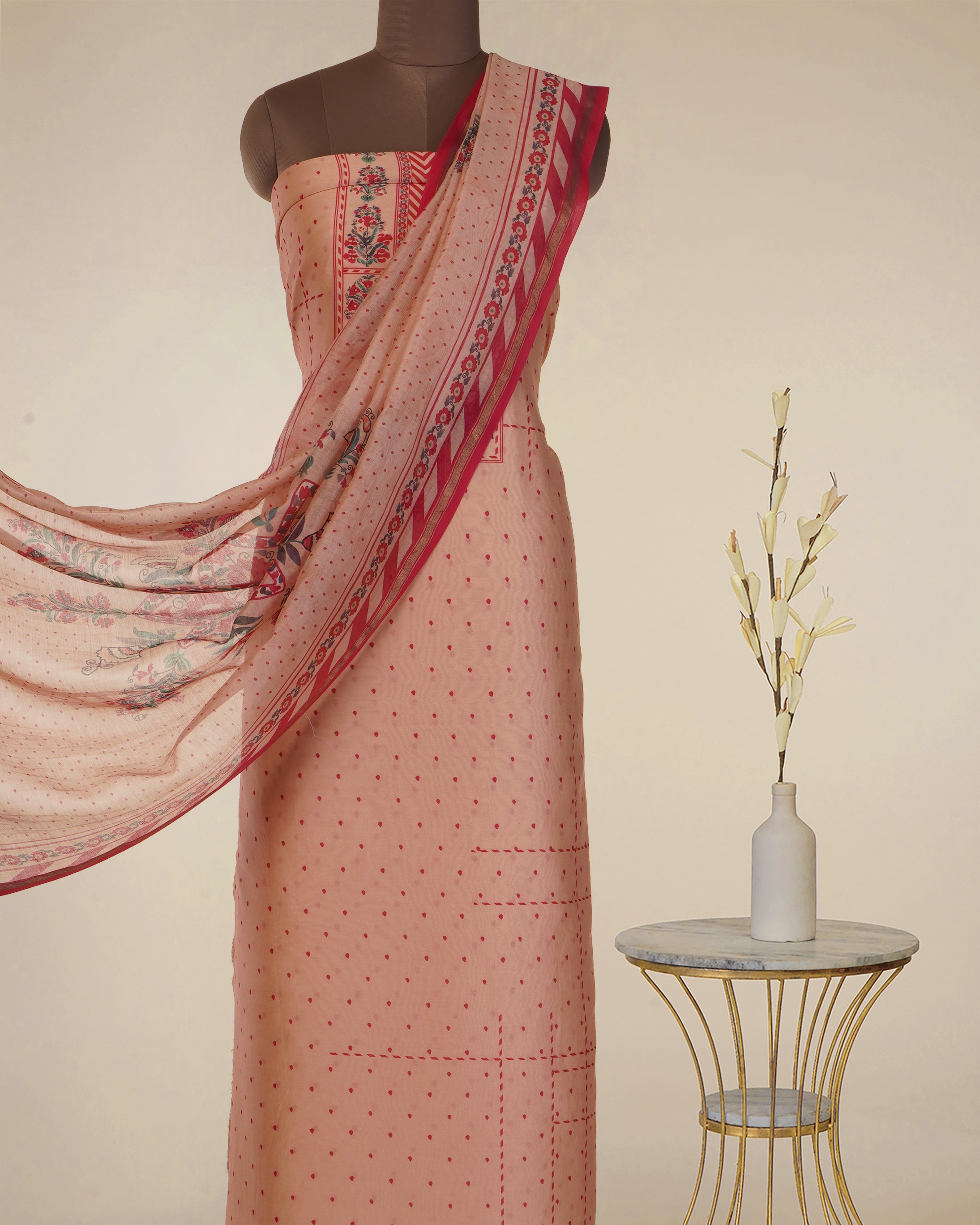 Light Peach Digital Printed Suzani Pattern Chanderi Unstitched Suit Set (Top & Dupatta)