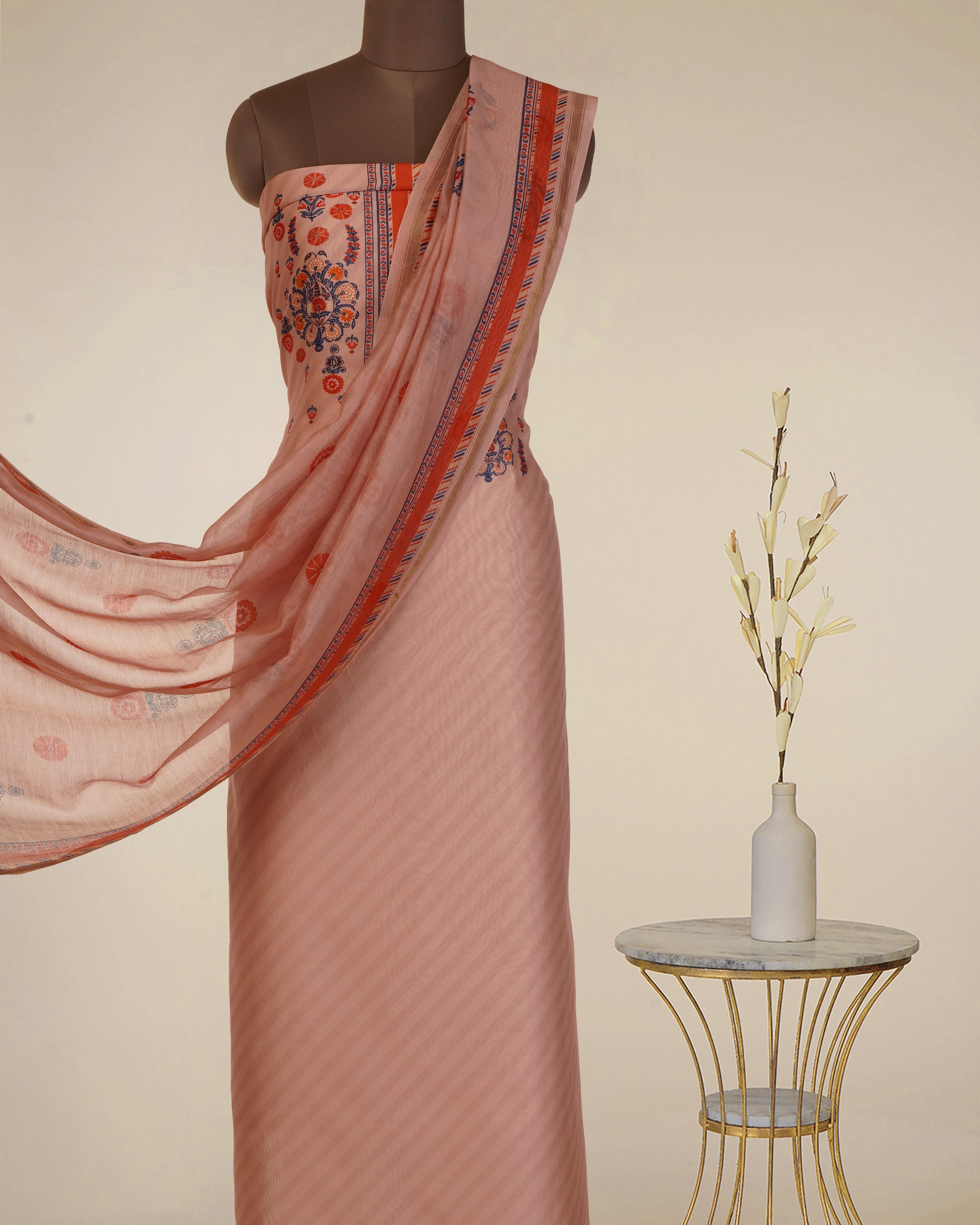 Light Peach Digital Printed Suzani Pattern Chanderi Unstitched Suit Set (Top & Dupatta)