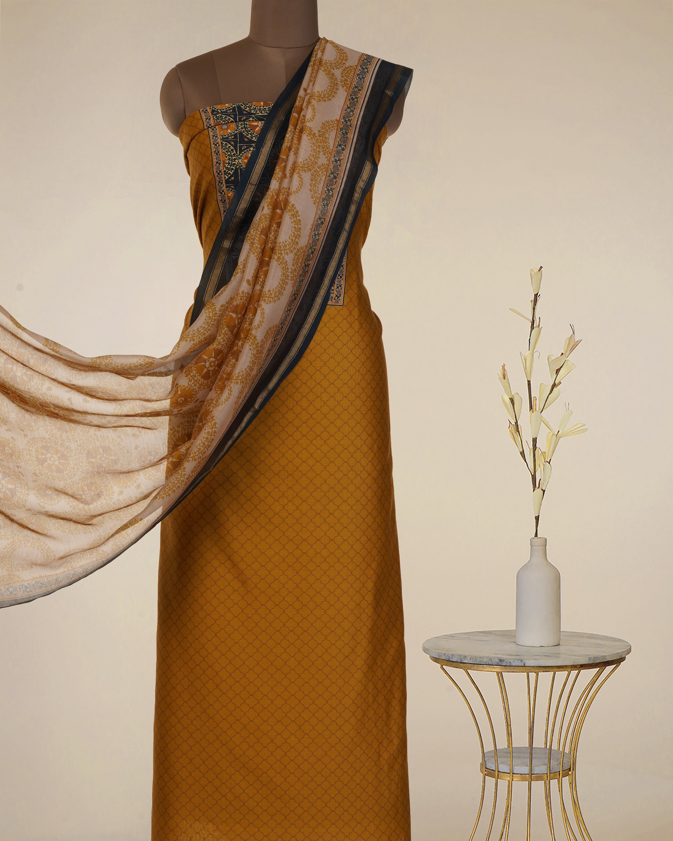 Dark Yellow-Grey Digital Printed Suzani Pattern Chanderi Unstitched Suit Set (Top & Dupatta)
