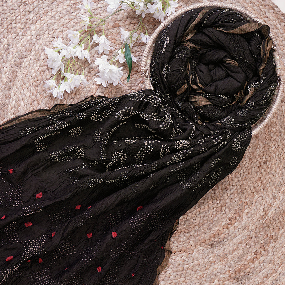 Black Color Handcrafted Bandhani Tussar Muga Silk Saree With Blouse Piece