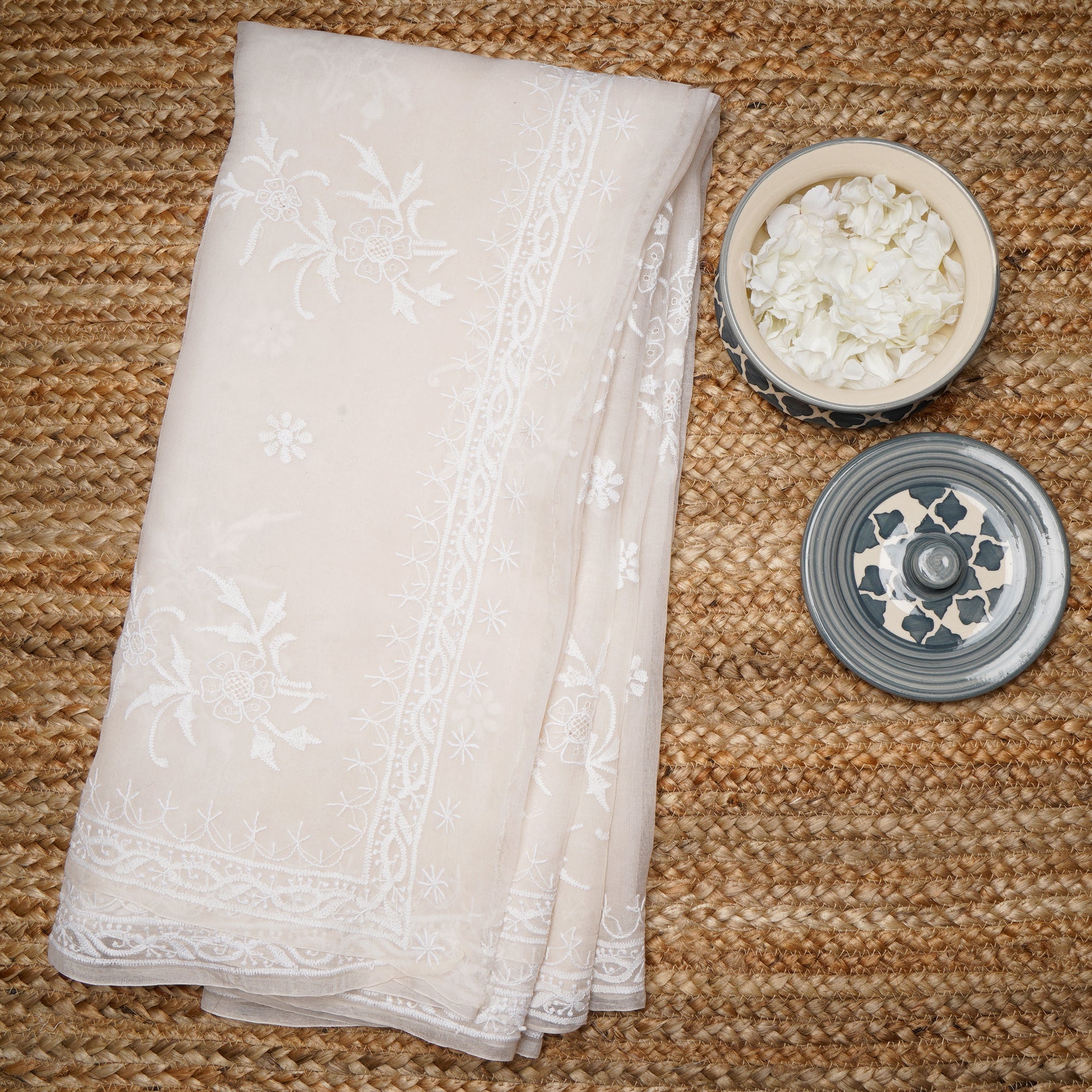 Off White Color Hand Embroidered Chickankari Pure Oragnaza Silk Saree