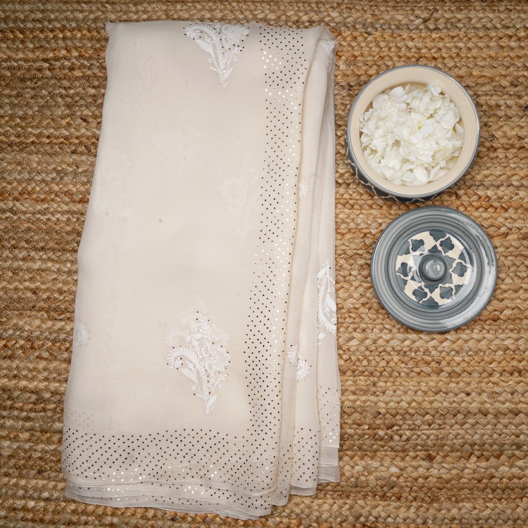 Off White Color Hand Embroidered Chickankari And Mukaish Work Pure Oragnaza Silk Saree