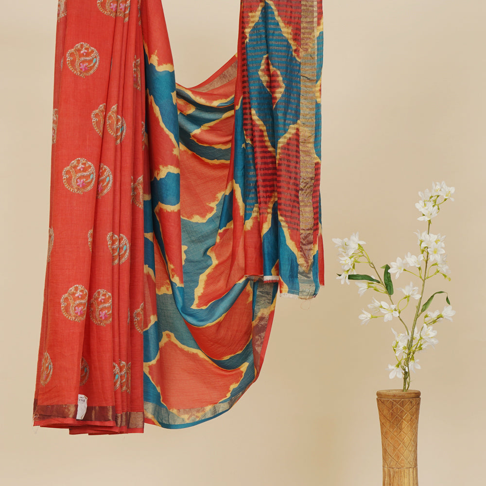 Persian Red Color Digital Printed Chanderi Saree