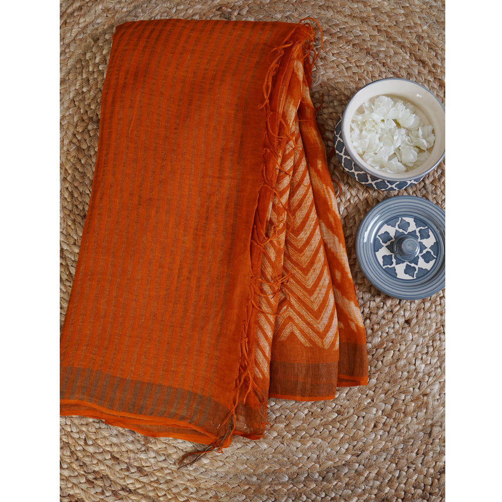 Orange Color Handcrafted Shibori Printed Linen Saree with Blouse Piece