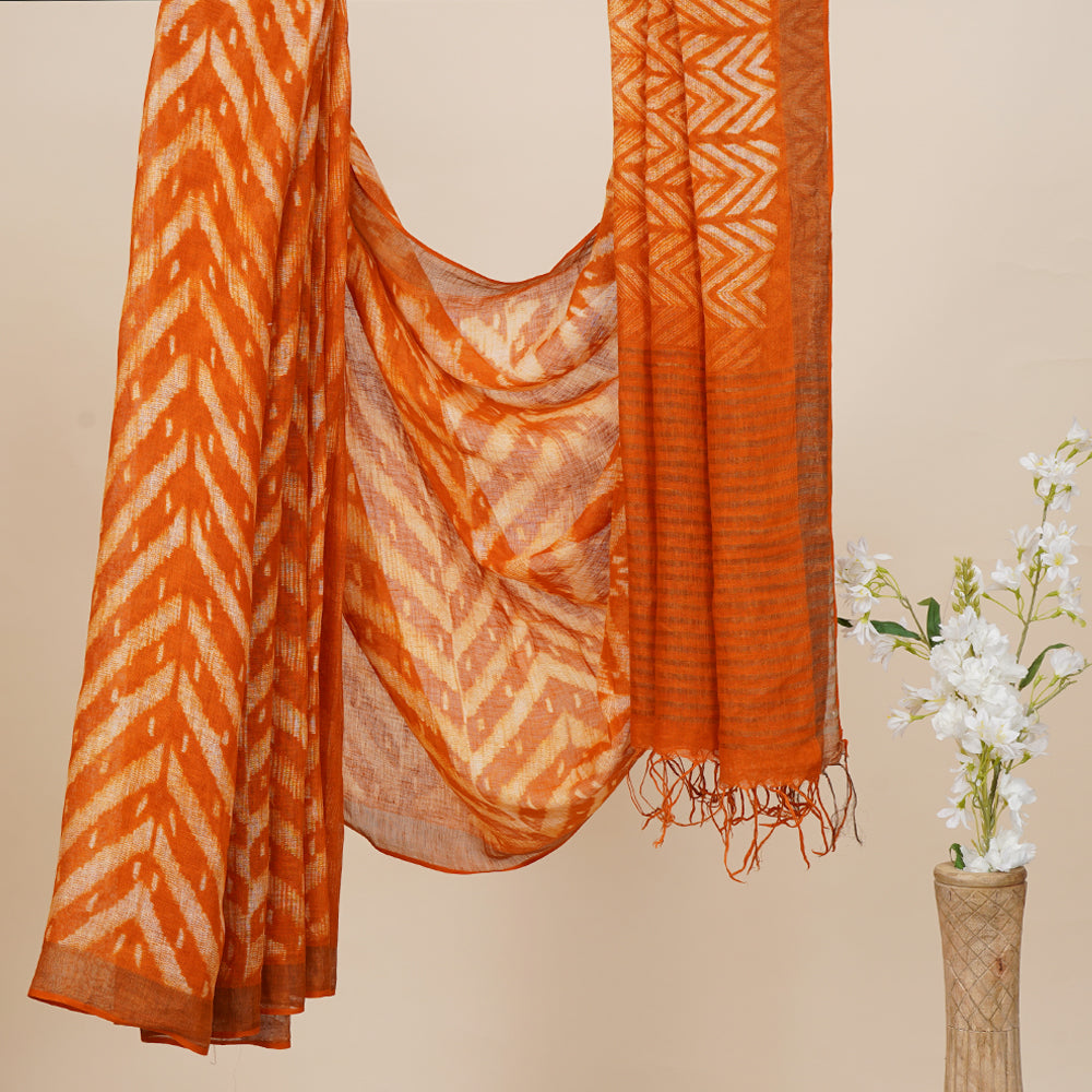Orange Color Handcrafted Shibori Printed Linen Saree with Blouse Piece