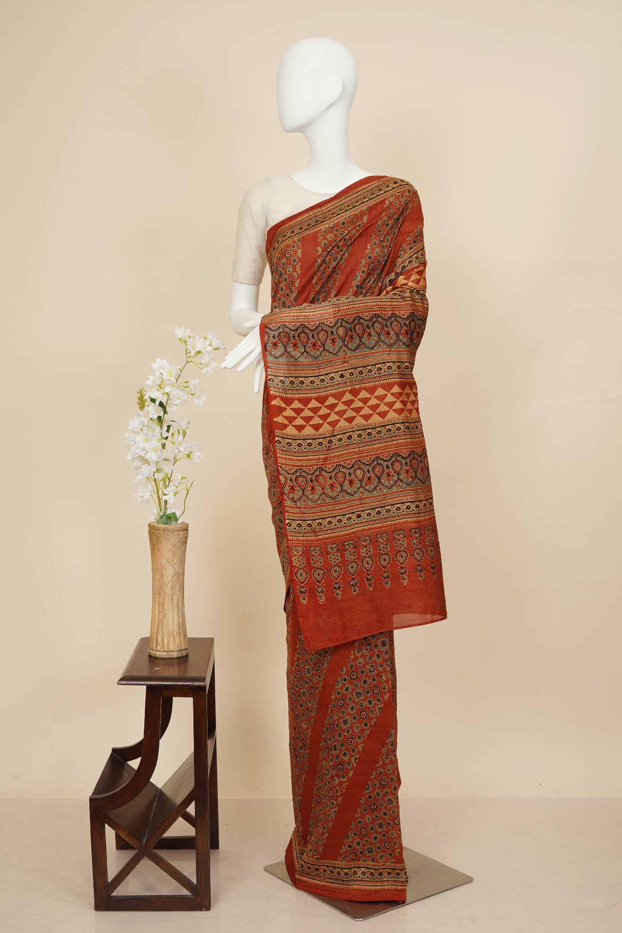 Multi Color Handcrafted Ajrak Printed Saree with Blouse Piece