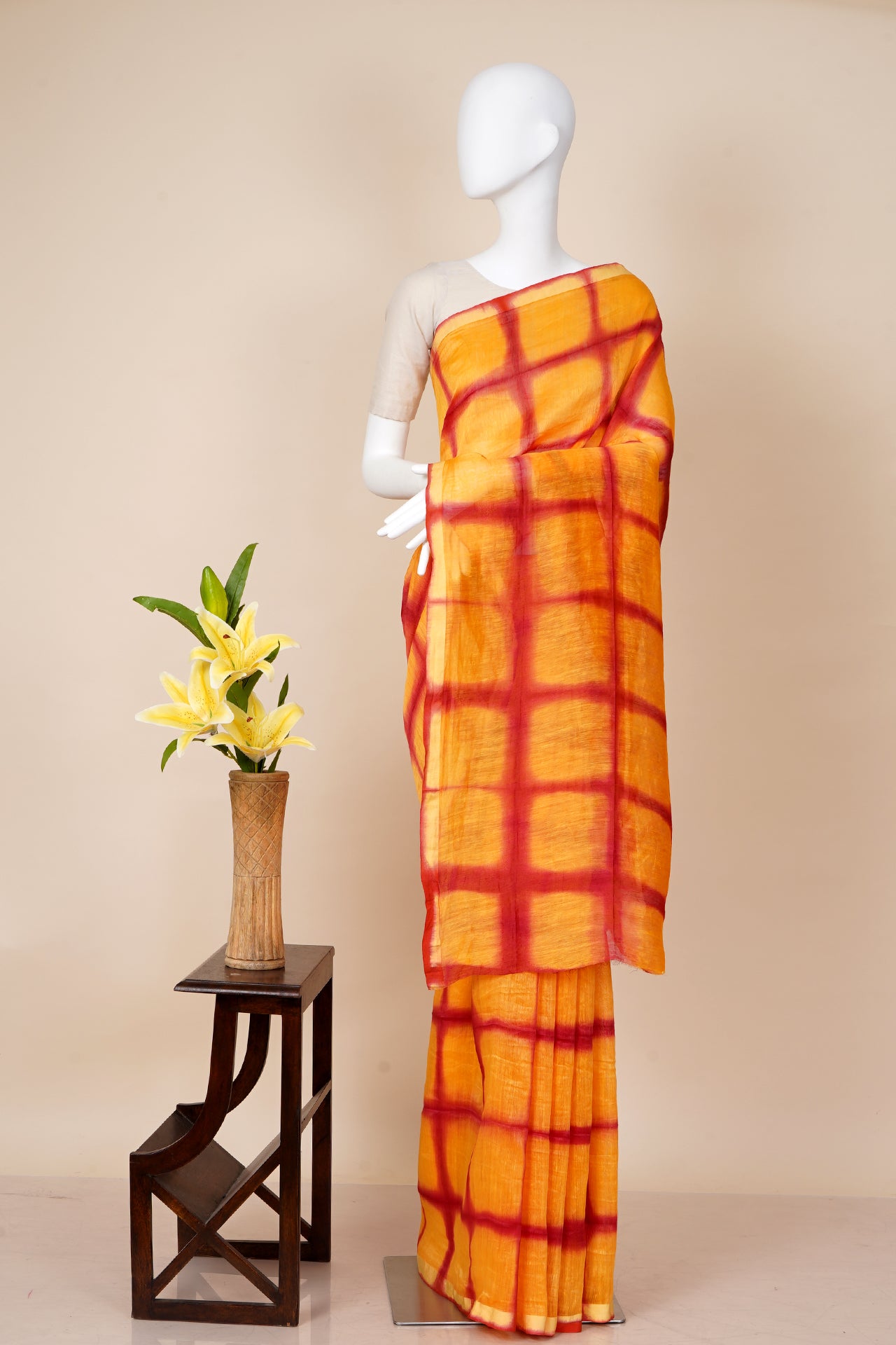 Yellow-Red Color Shibori Printed Linen saree with Blouse Piece