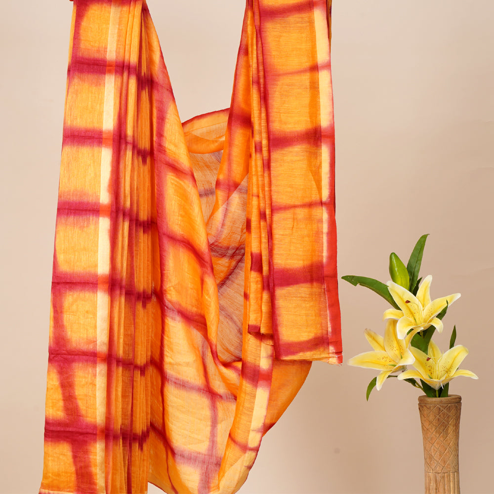 Yellow-Red Color Shibori Printed Linen saree with Blouse Piece