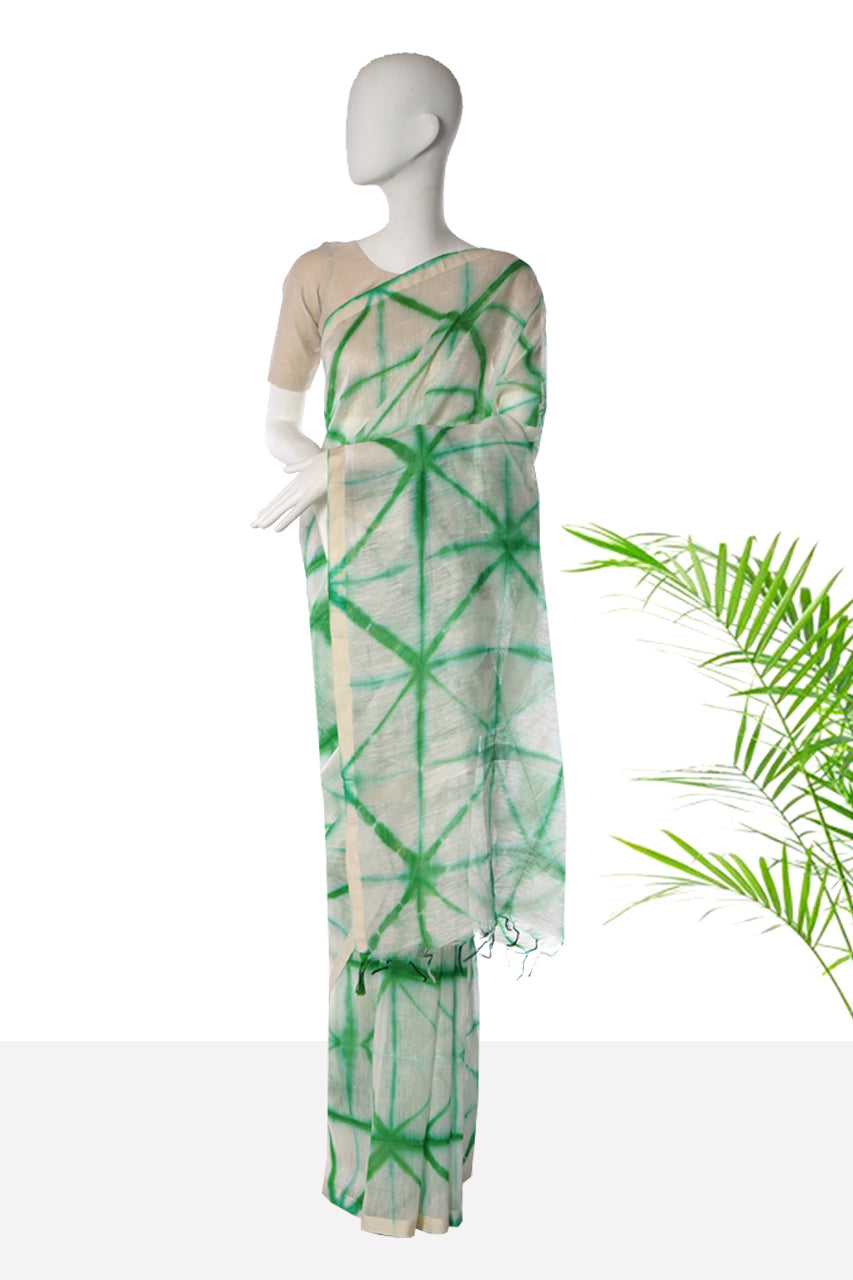 Green-White Color Handcrafted Shibori Linen Silk Saree with Blouse Piece