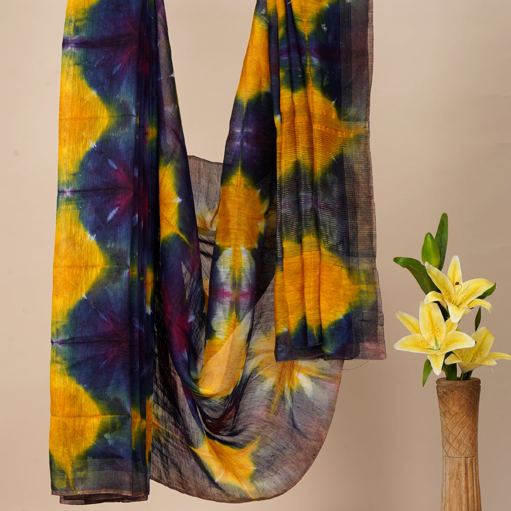 Multi Color Shibori Printed Linen saree with Blouse Piece