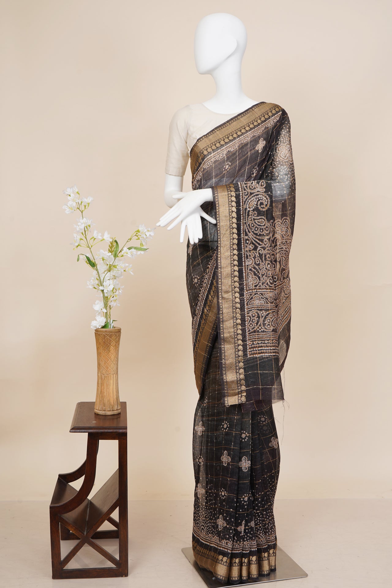 Brown-Black Color Digital Printed Bandhani Pattern Linen Silk Saree with Blouse Piece