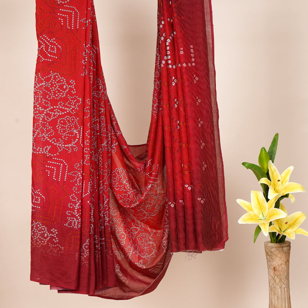 Red Color Digital Printed Bandhani Pattern Pure Chanderi Saree With Blouse Piece