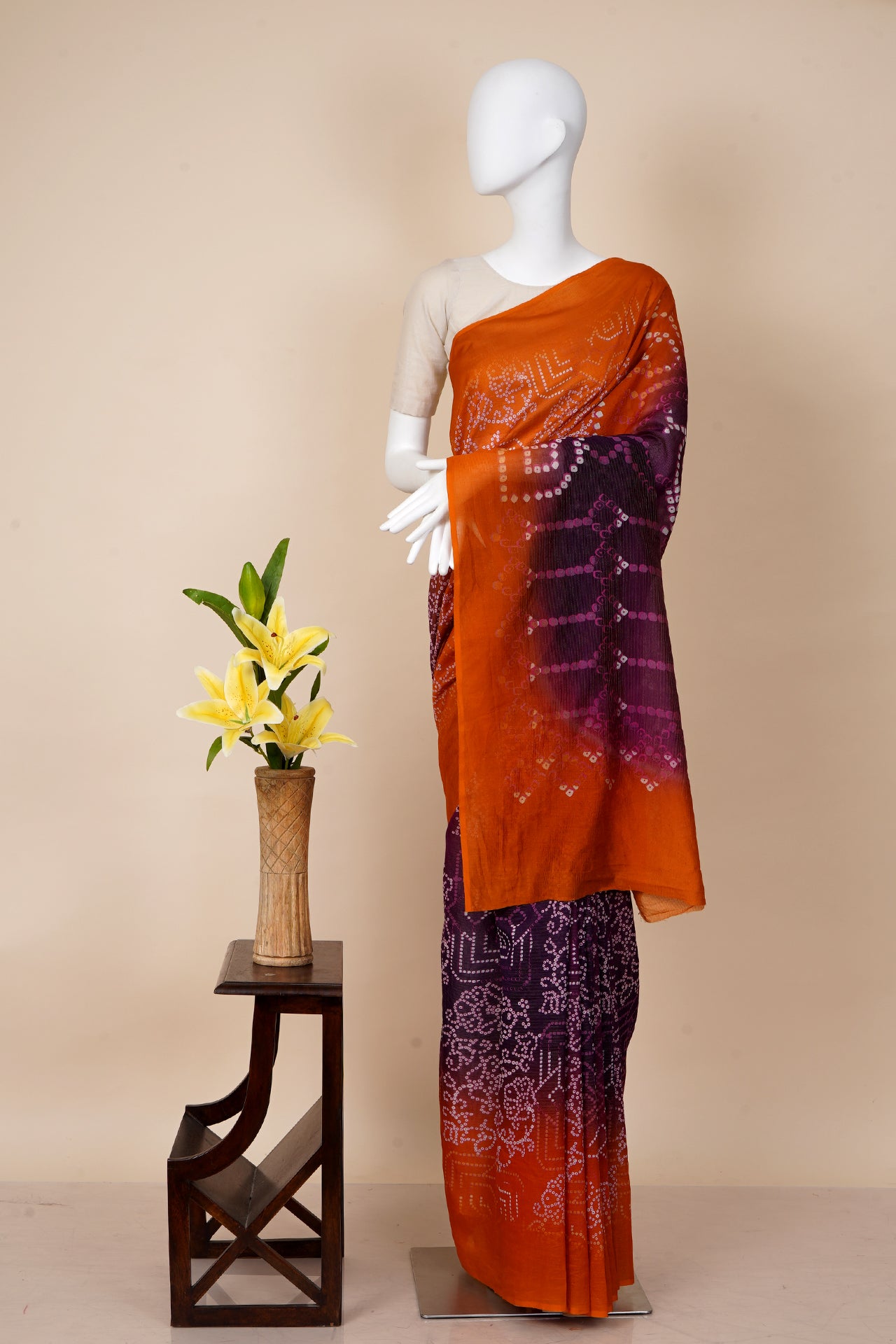 Multi Color Digital Printed Bandhani Pattern Fancy Chanderi Saree with Blouse Piece