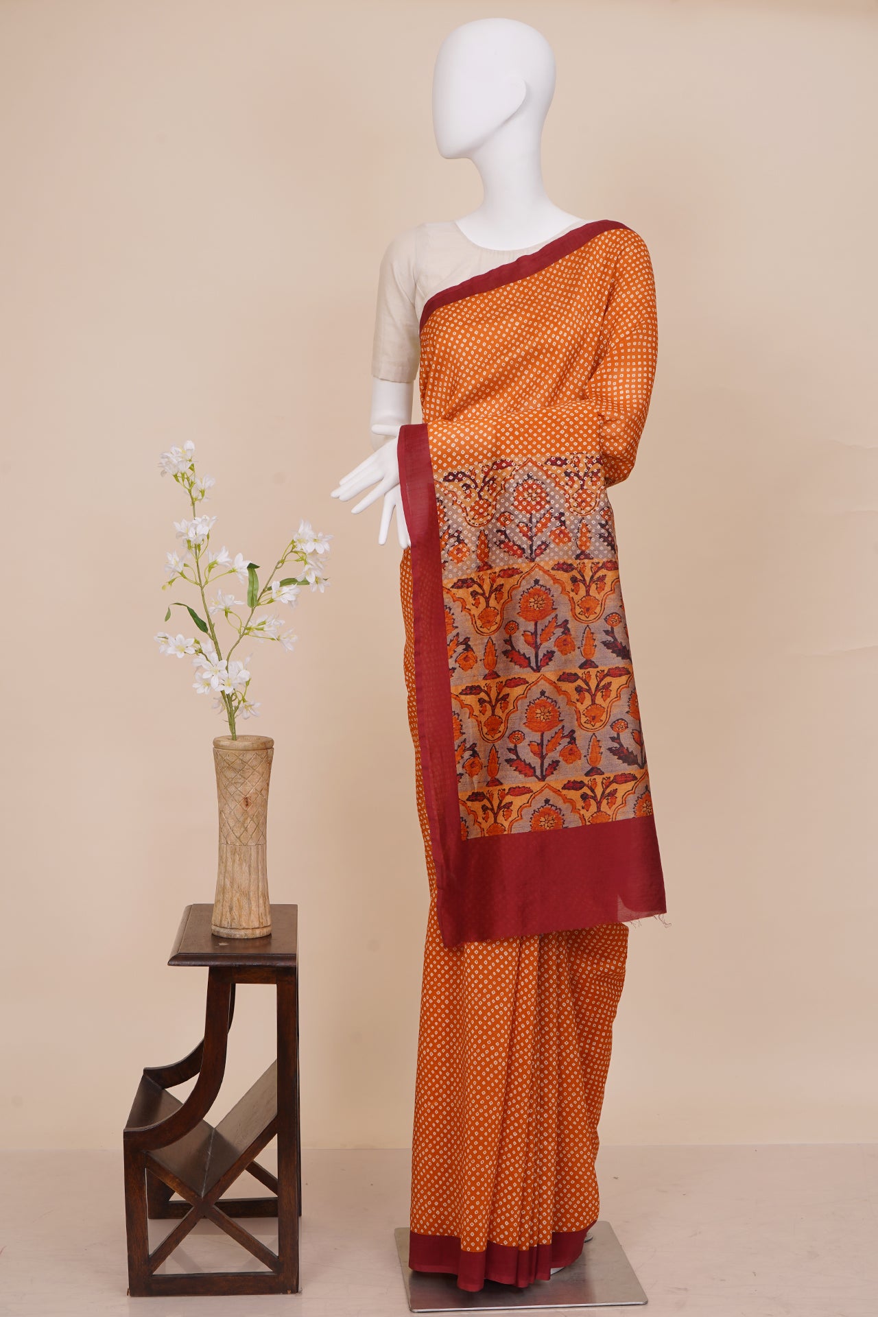 Orange Color Digital Printed Bandhani Pattern Pure Chanderi Saree With Blouse Piece