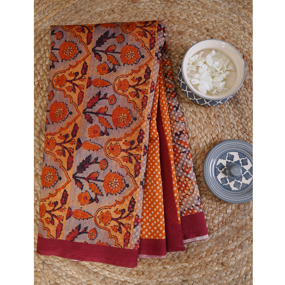 Orange Color Digital Printed Bandhani Pattern Pure Chanderi Saree With Blouse Piece