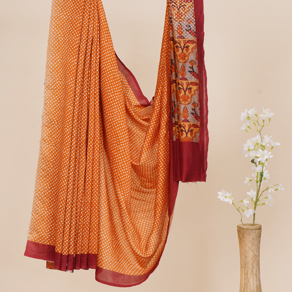 Orange Color Digital Printed Bandhani Pattern Pure Chanderi Saree With Blouse Piece