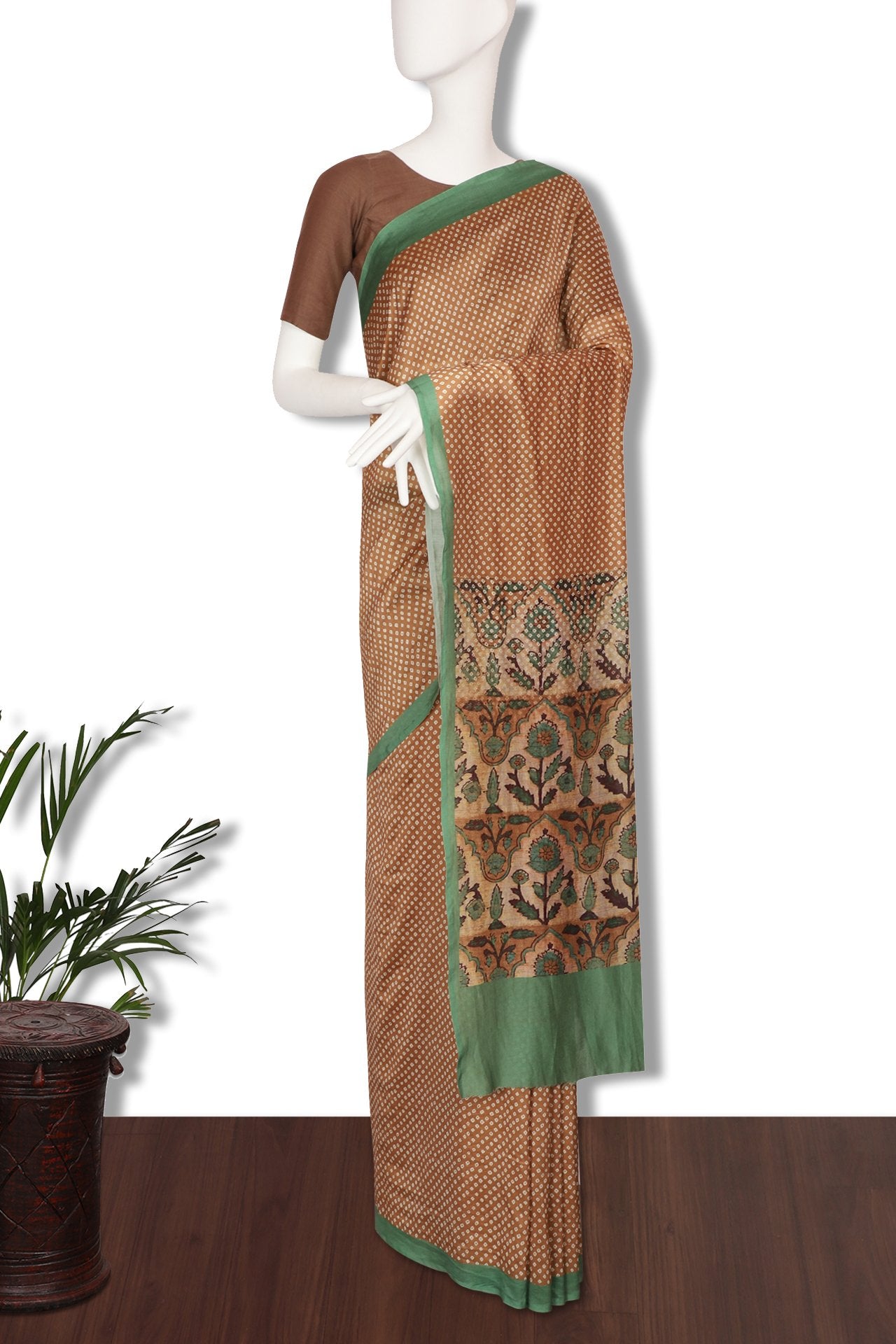 Light Brown Color Digital Printed Pure Chanderi Saree With Blouse Piece
